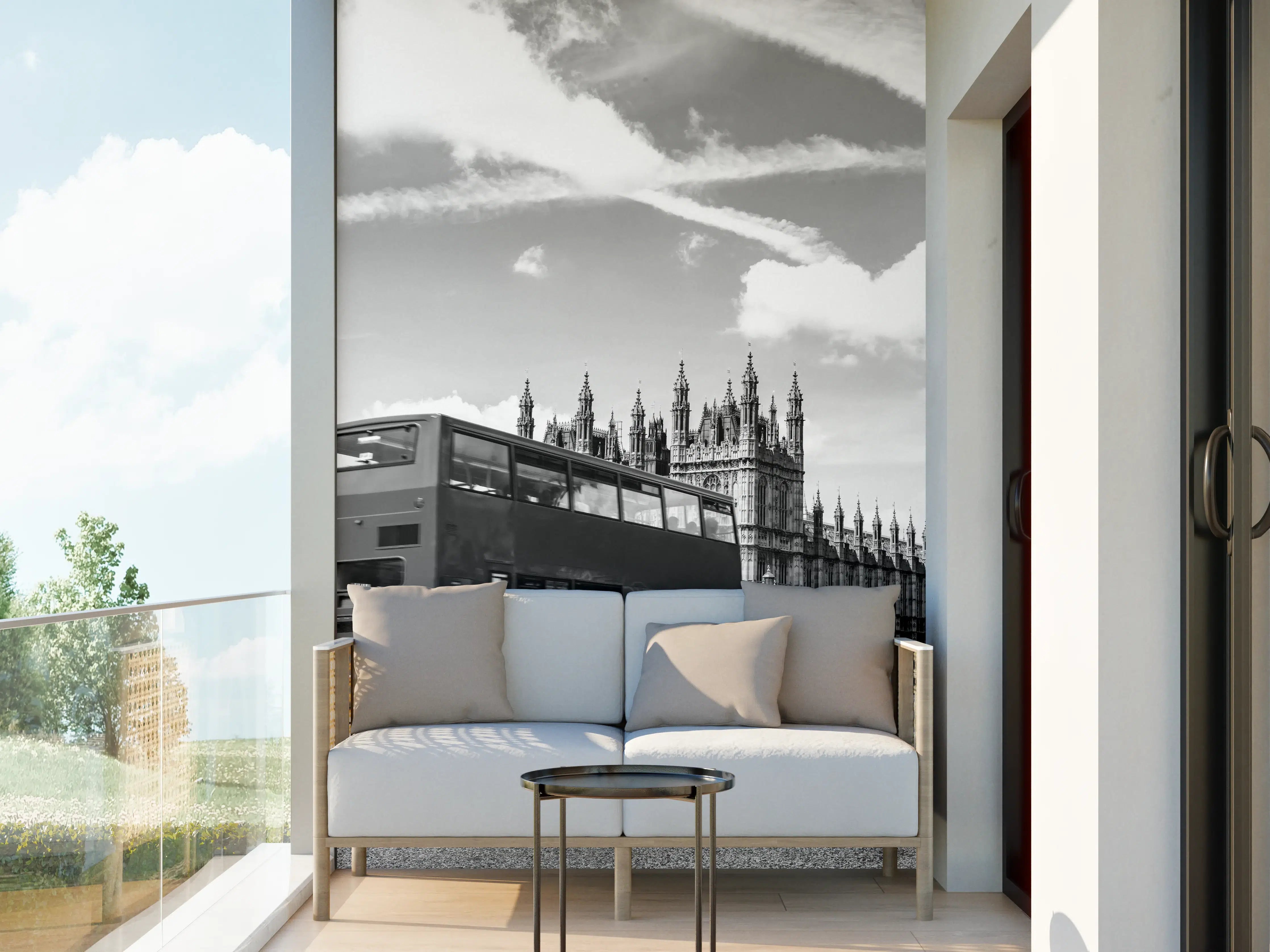 Wandverkleidung außen - London Big Ben und Doppeldecker im Schwarz-Weiß-Design
