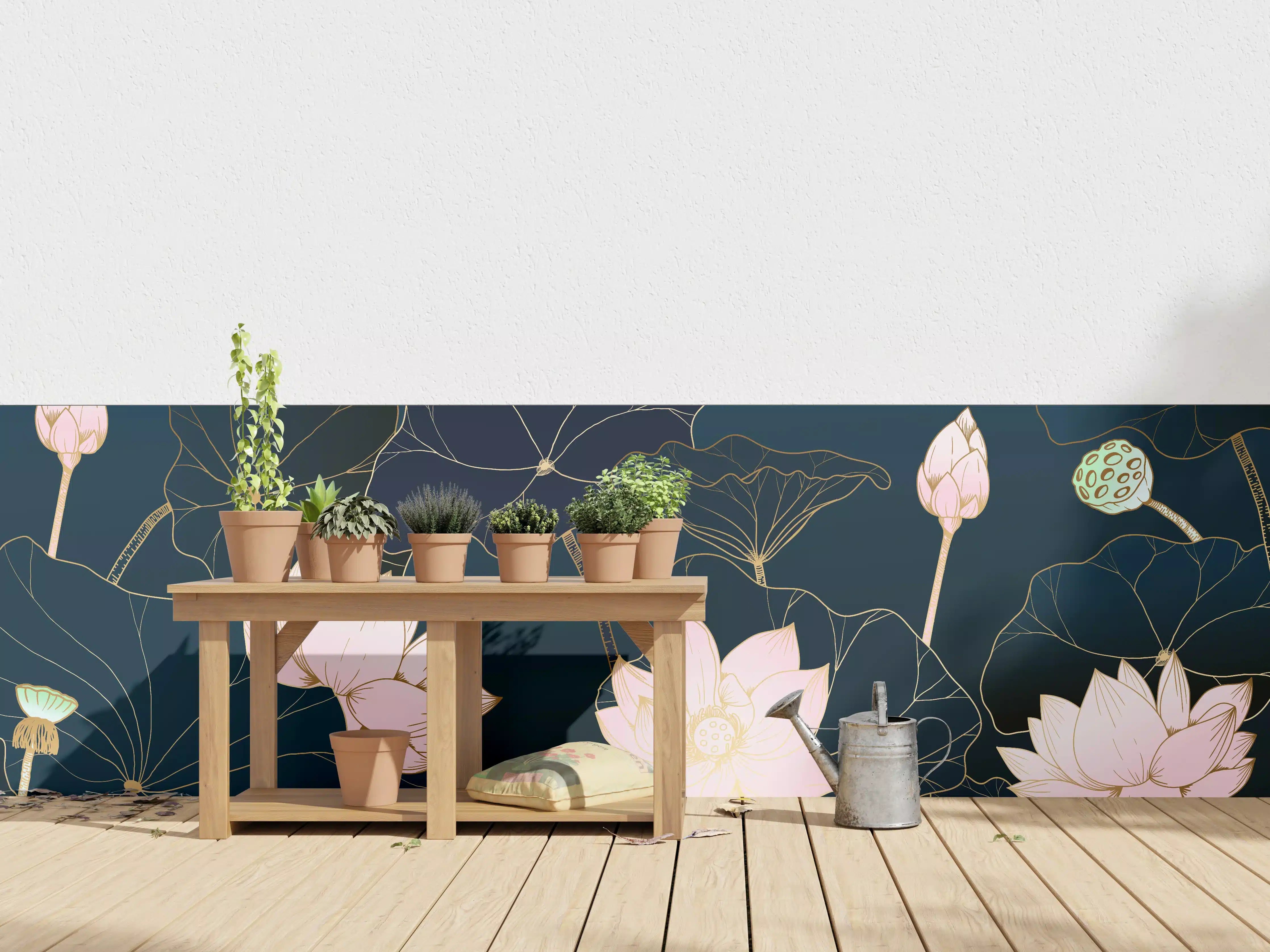 Wandverkleidung außen - Lotusblüten Nachtblau Illustration