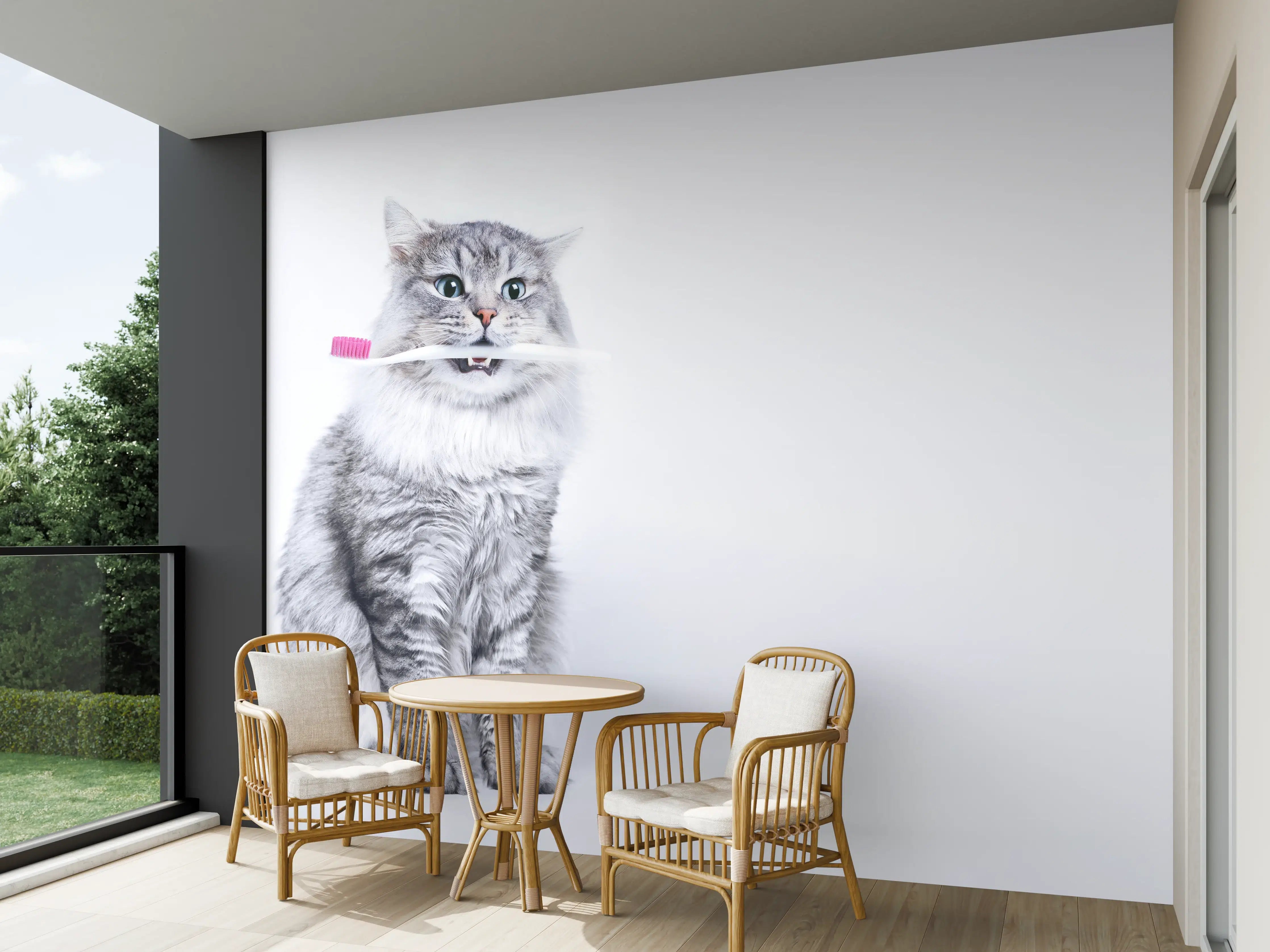 Wandverkleidung außen - Lustige Katze mit Zahnbürste