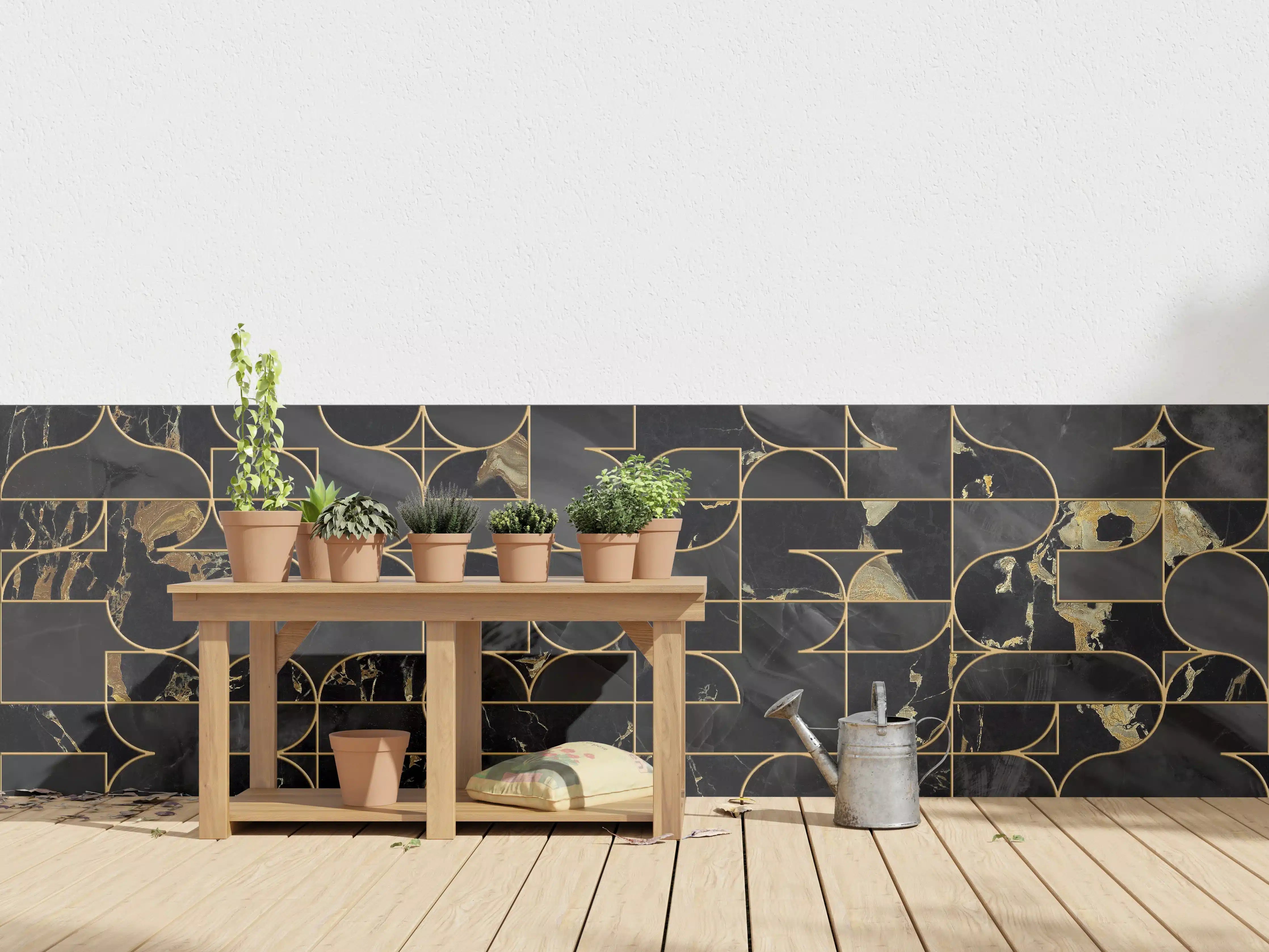 Wandverkleidung außen - Luxuriöse schwarze Marmor-Textur mit goldenen Linien