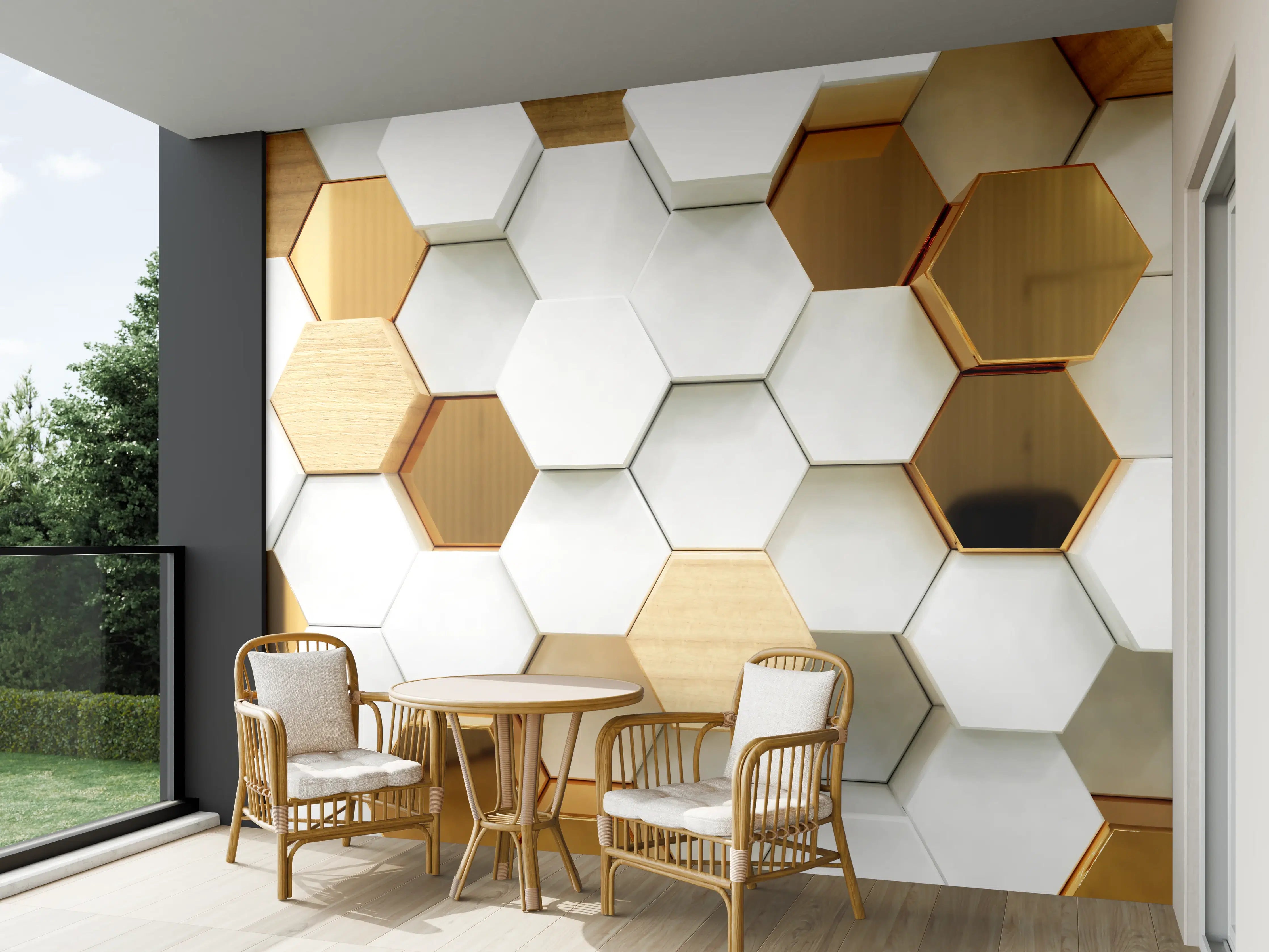 Wandverkleidung außen - Luxuriöser Weiß-Gold-Hexagon-Hintergrund