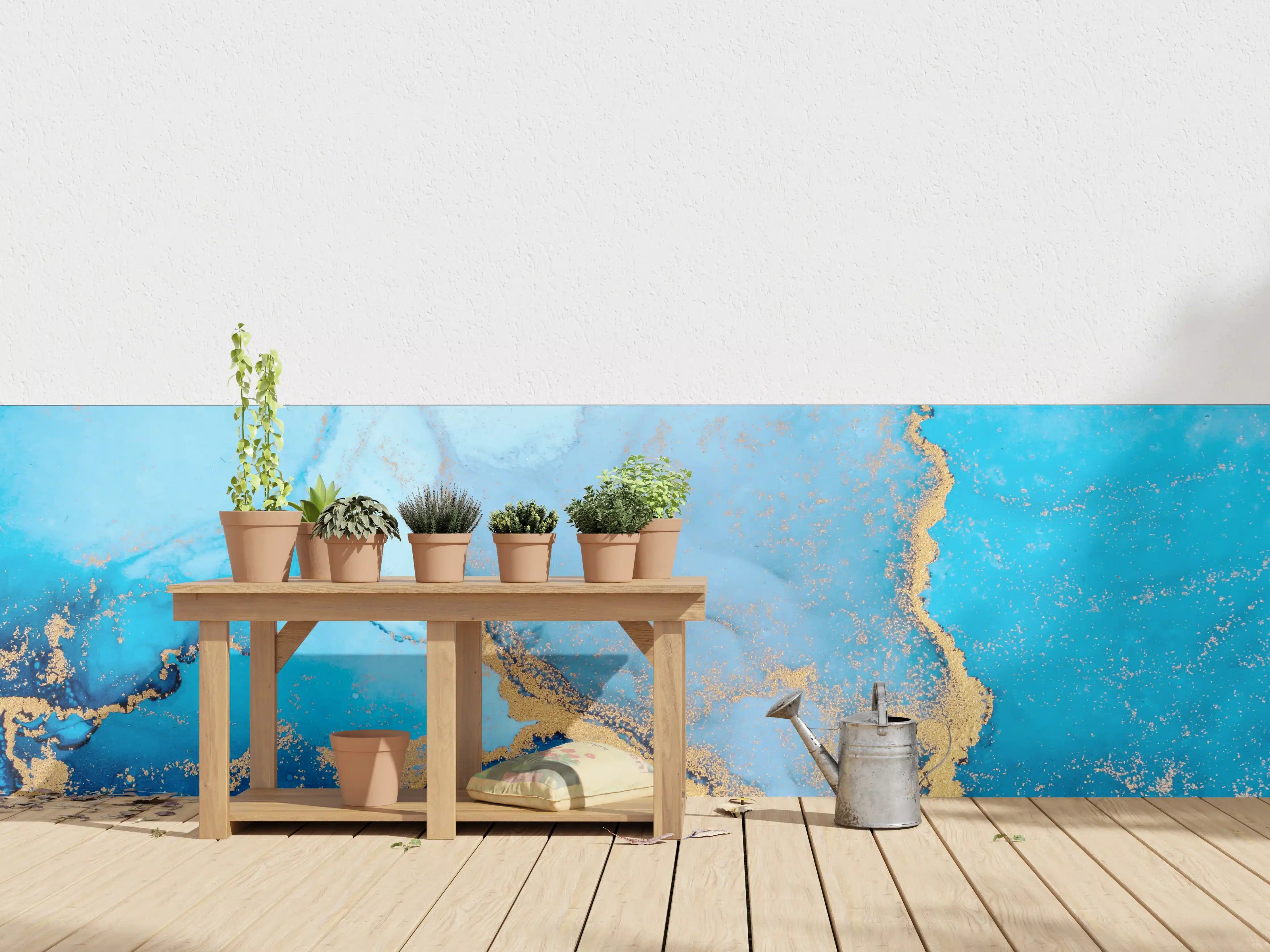 Wandverkleidung außen - Luxus blau mit goldenem Stich - Tintenmalerei