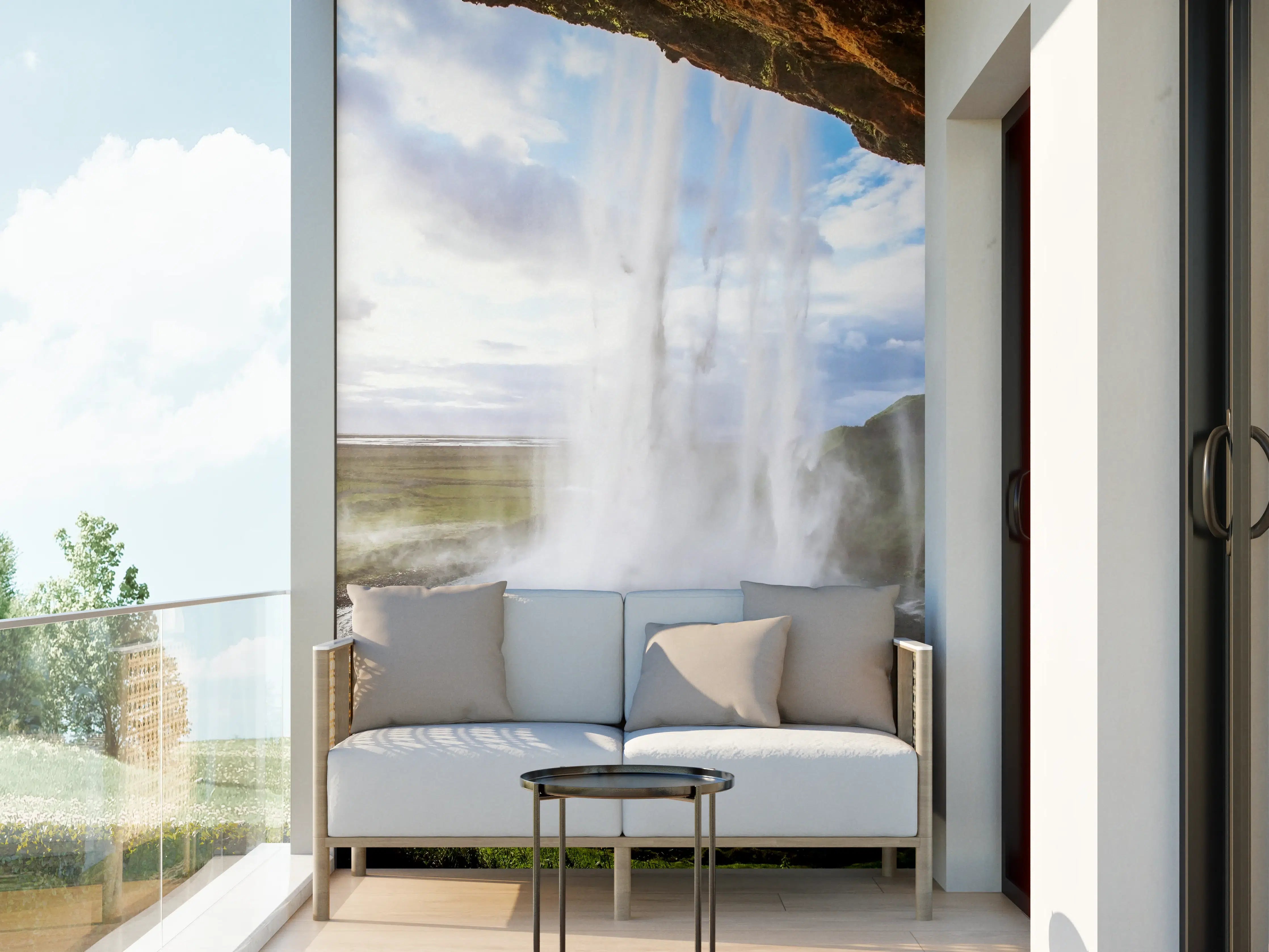 Wandverkleidung außen - Majestärer Wasserfall unter wolkigem Himmel