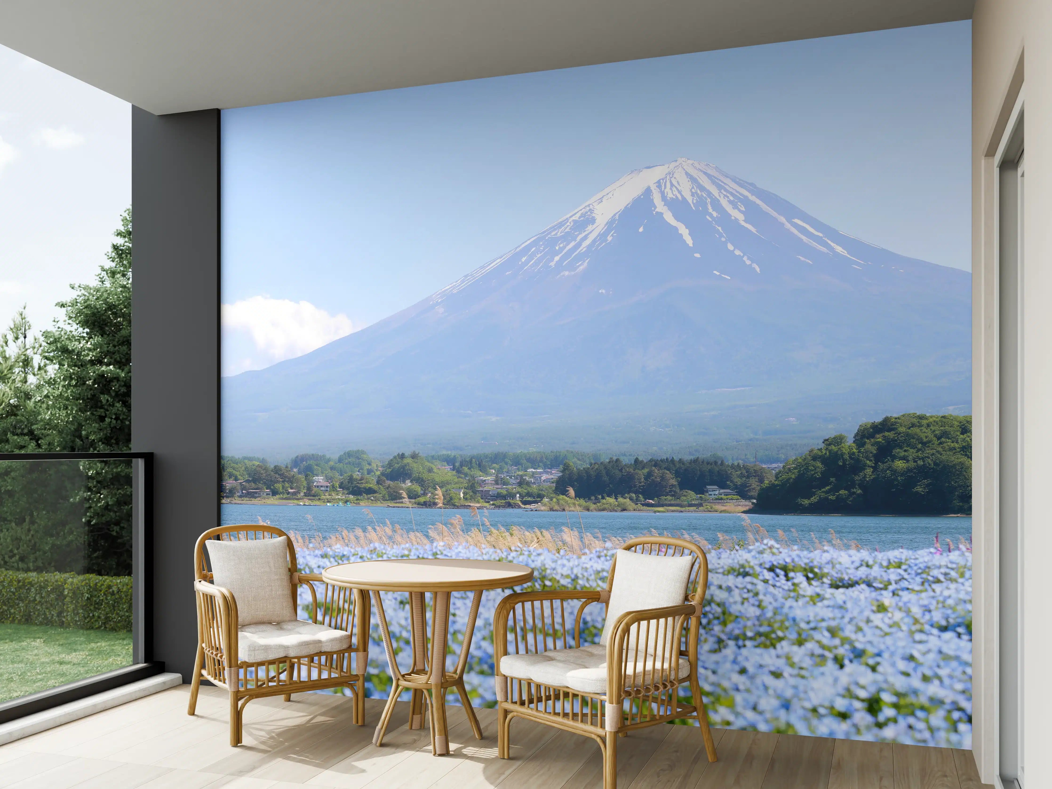 Wandverkleidung außen - Majestätischer Mount Fuji mit Frühlingsblumen