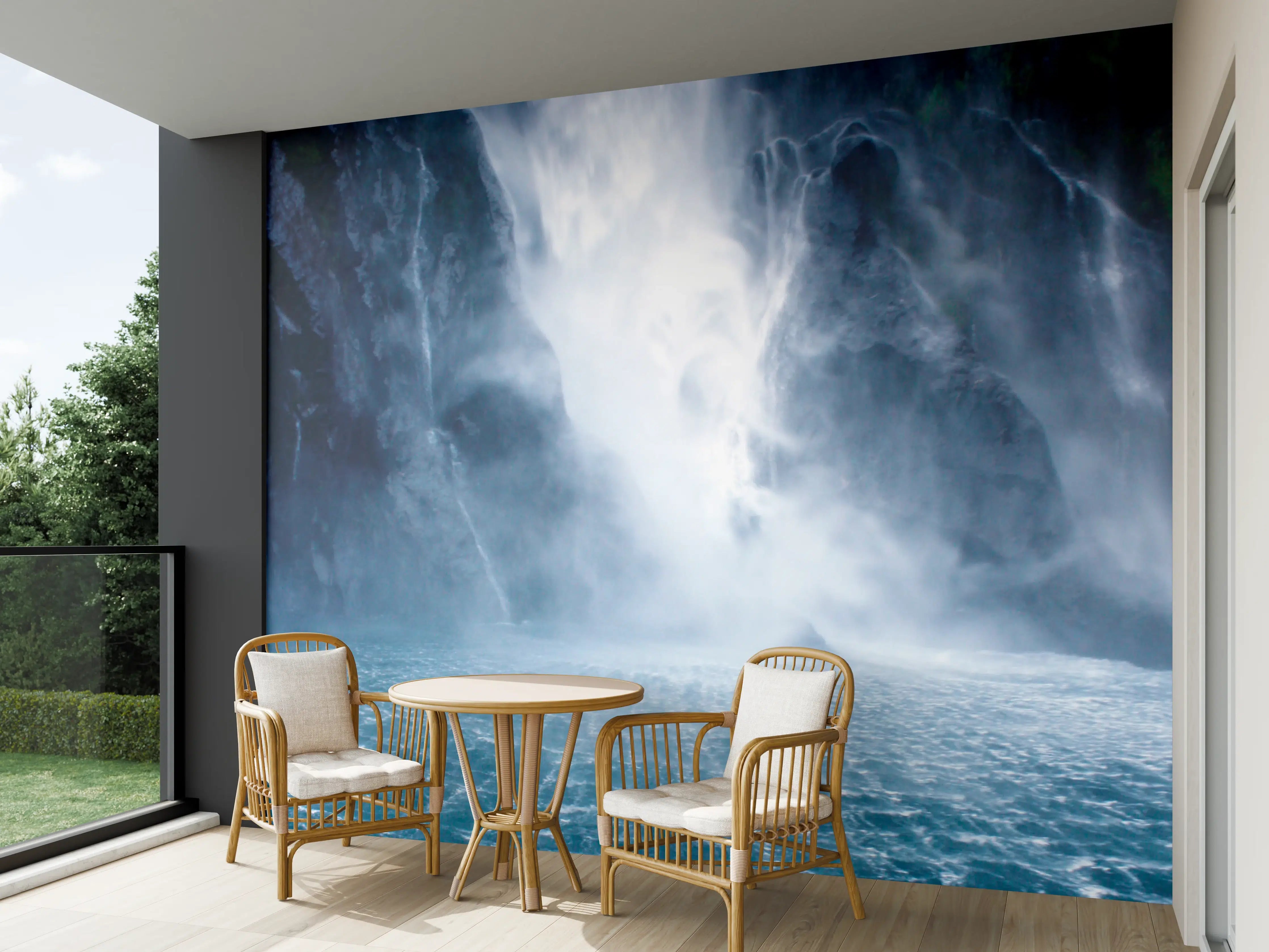Wandverkleidung außen - Majestatischer Wasserfall in Blau- und Grautönen