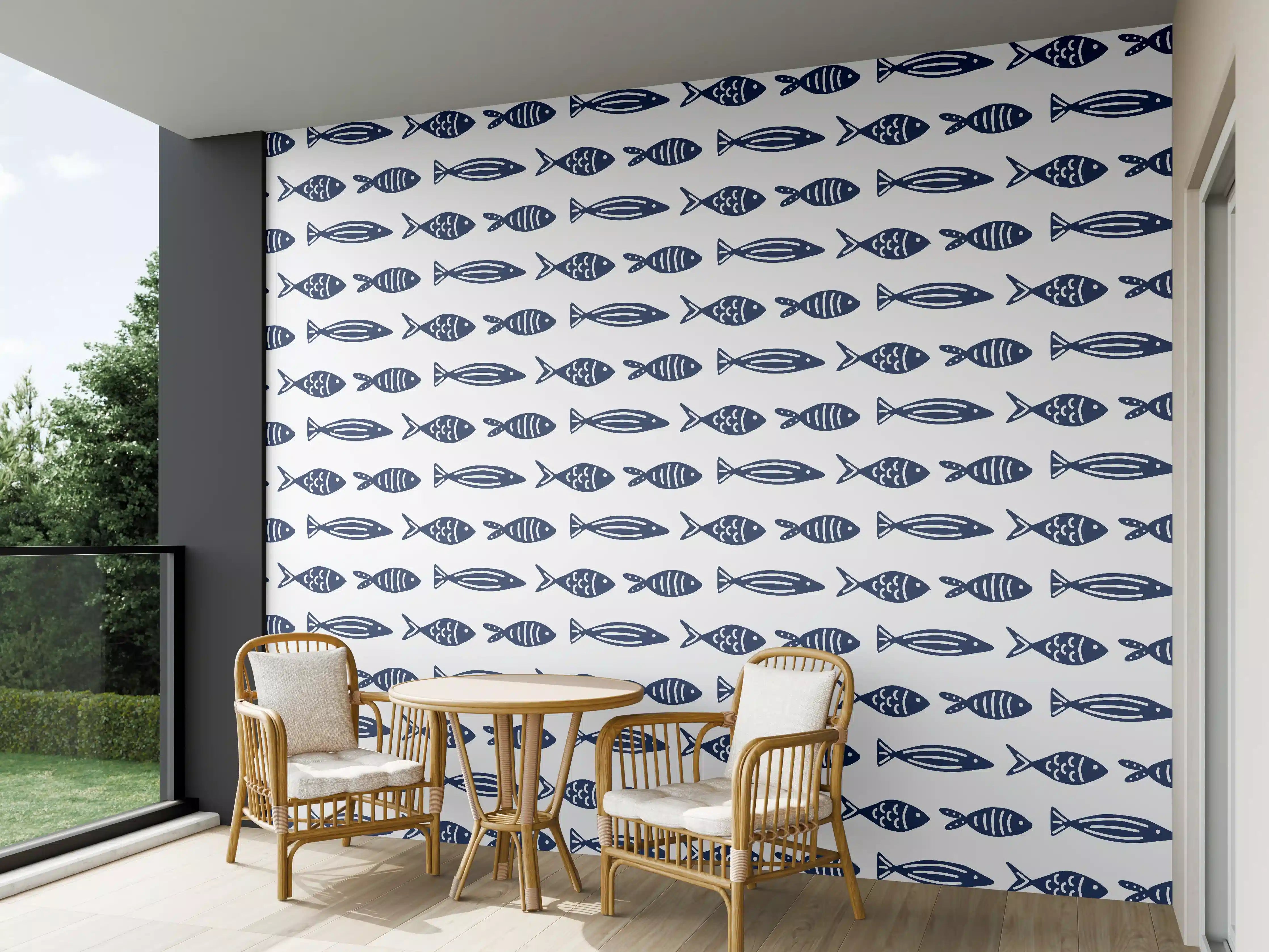 Wandverkleidung außen - Minimalistische Fische Blau-Weiß