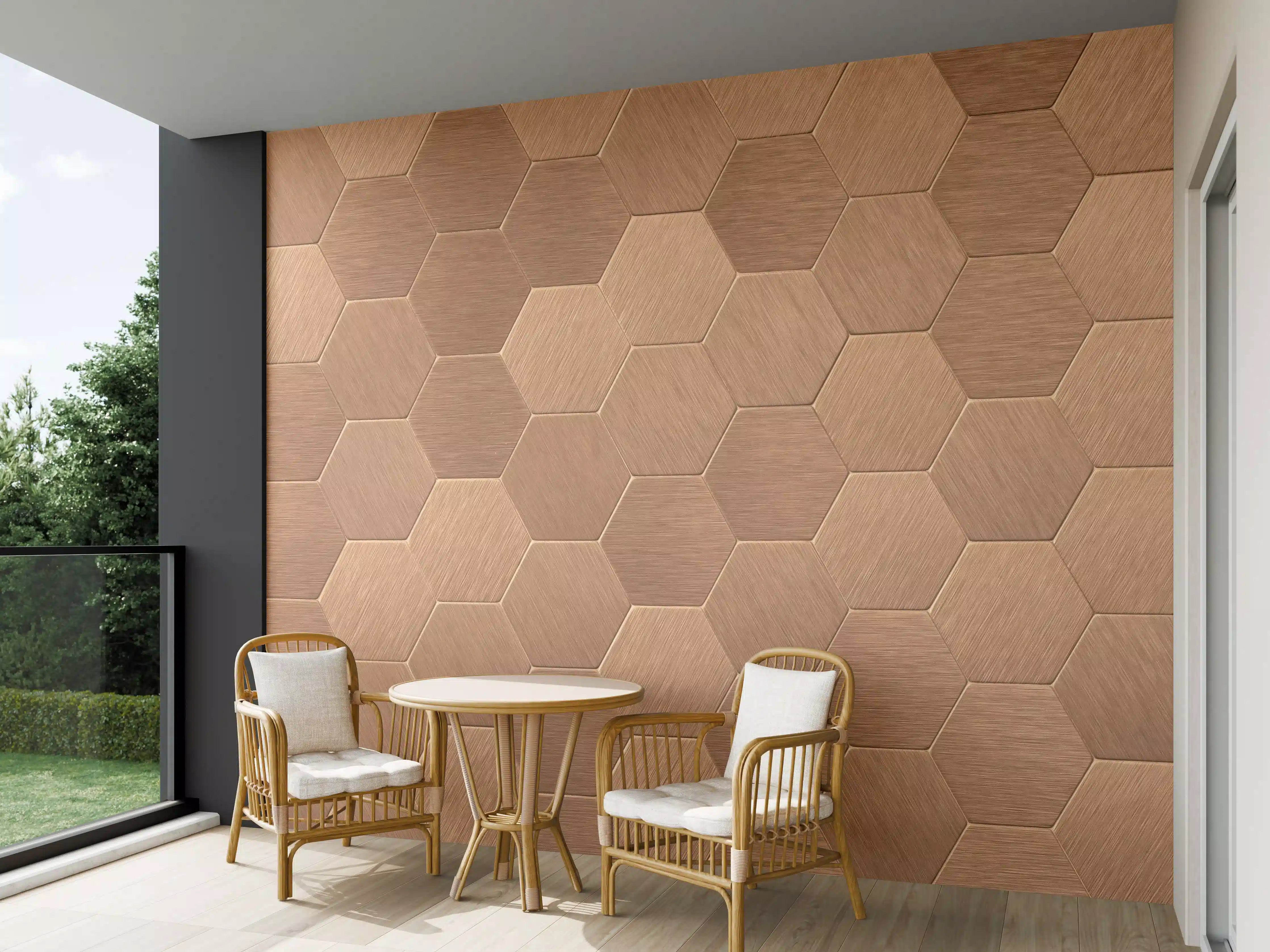 Wandverkleidung außen - Moderne Holzwand mit Hexagon-Design in warmen Brauntönen