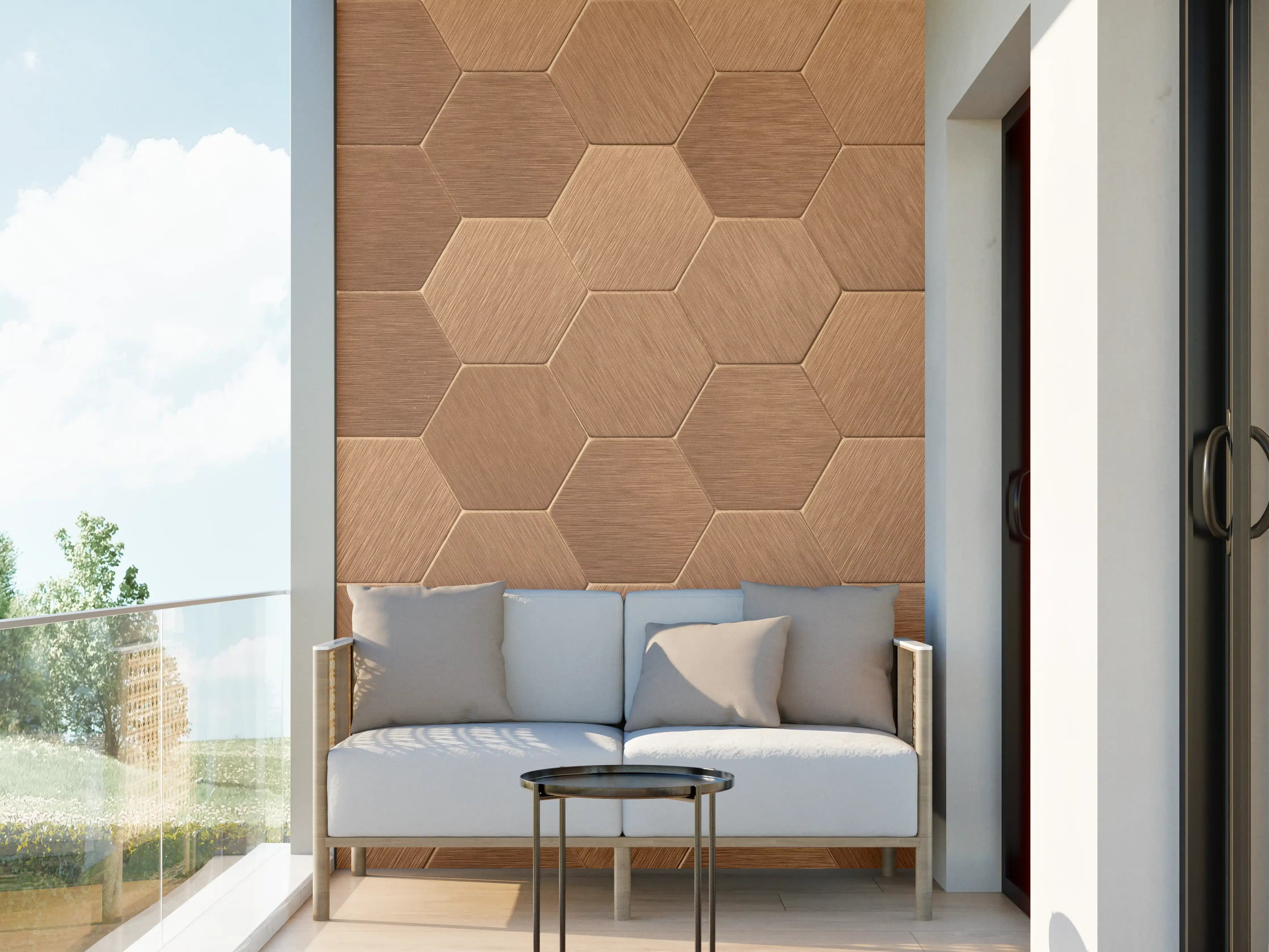 Wandverkleidung außen - Moderne Holzwand mit Hexagon-Design in warmen Brauntönen