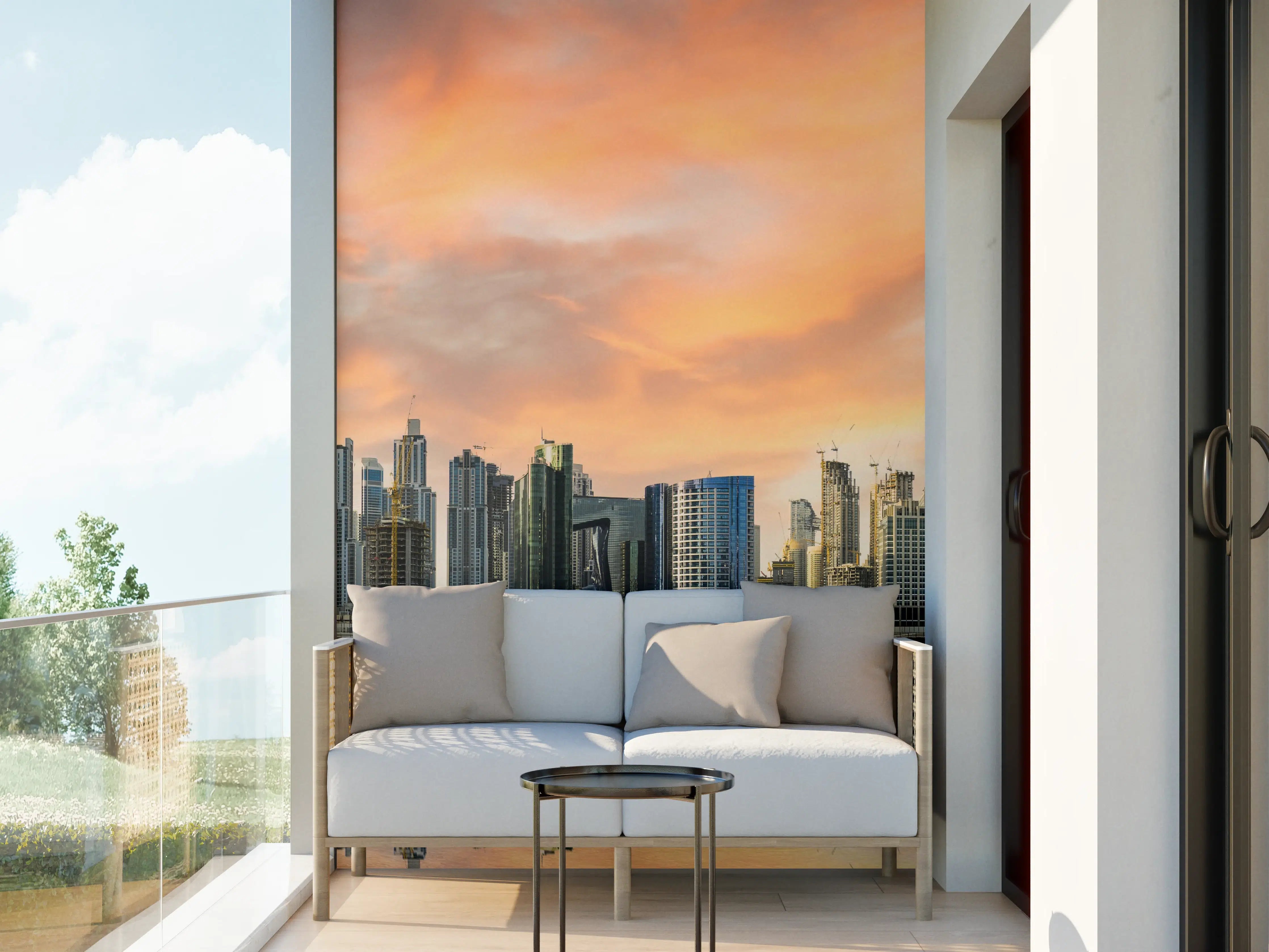 Wandverkleidung außen - Moderne Skyline bei Sonnenuntergang mit reflektierendem Wasser
