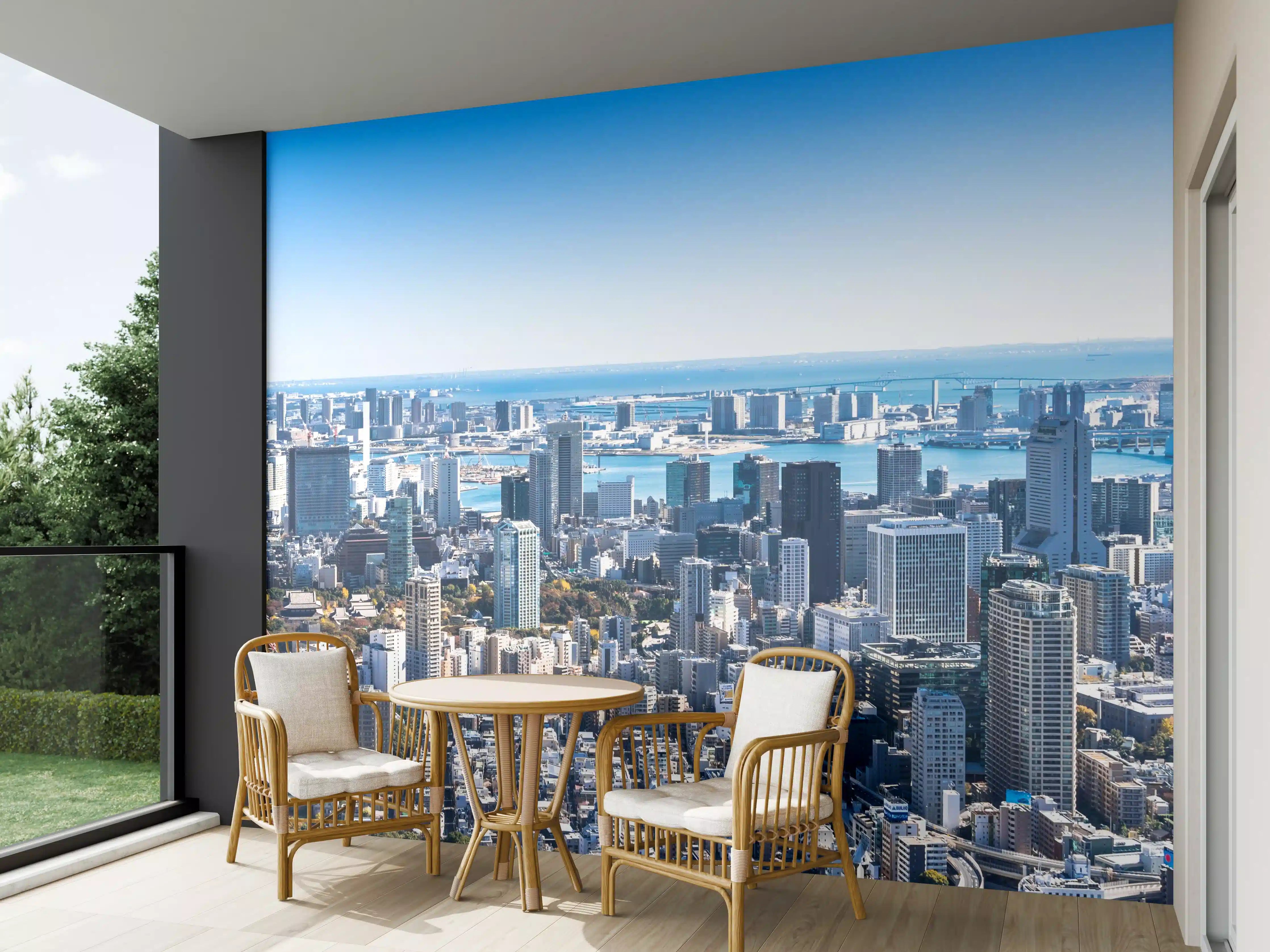 Wandverkleidung außen - Moderne Tokyo Skyline mit blauer Himmelskulisse