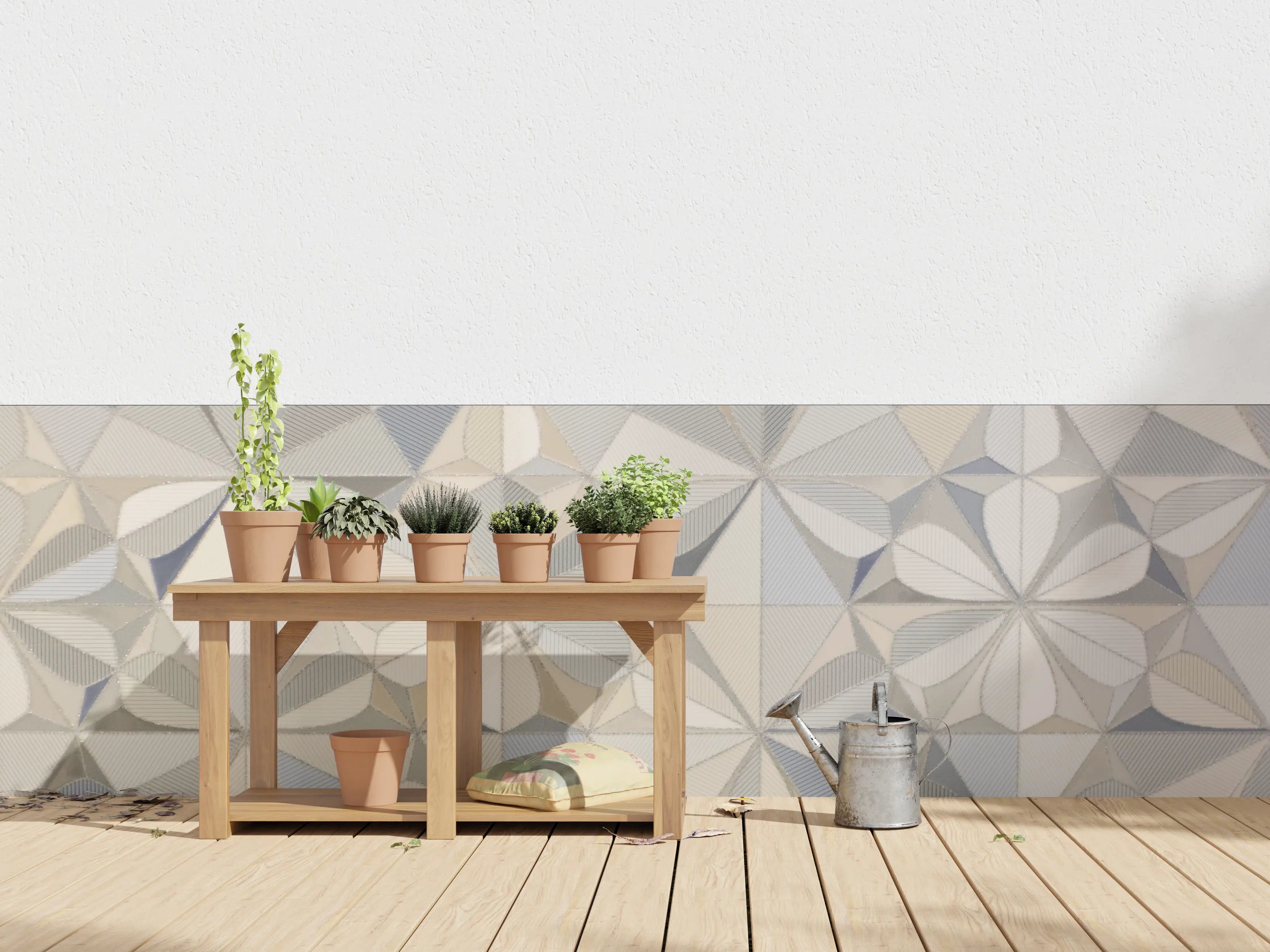 Wandverkleidung außen - Moderne geometrische Fliesenmuster in neutralen Farbtönen