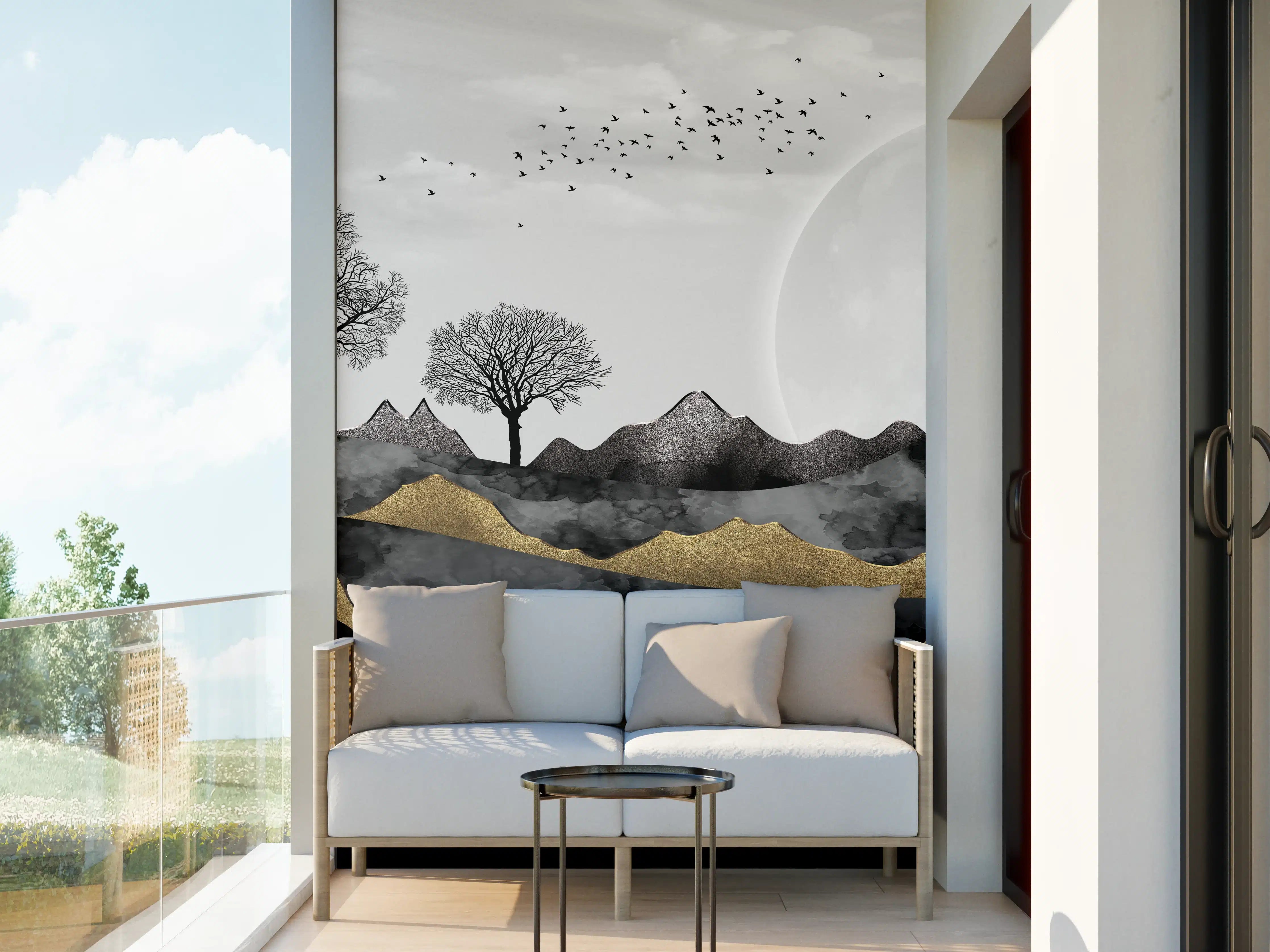 Wandverkleidung außen - Mondlandschaft mit Bäumen und Bergen in Schwarz-Weiß