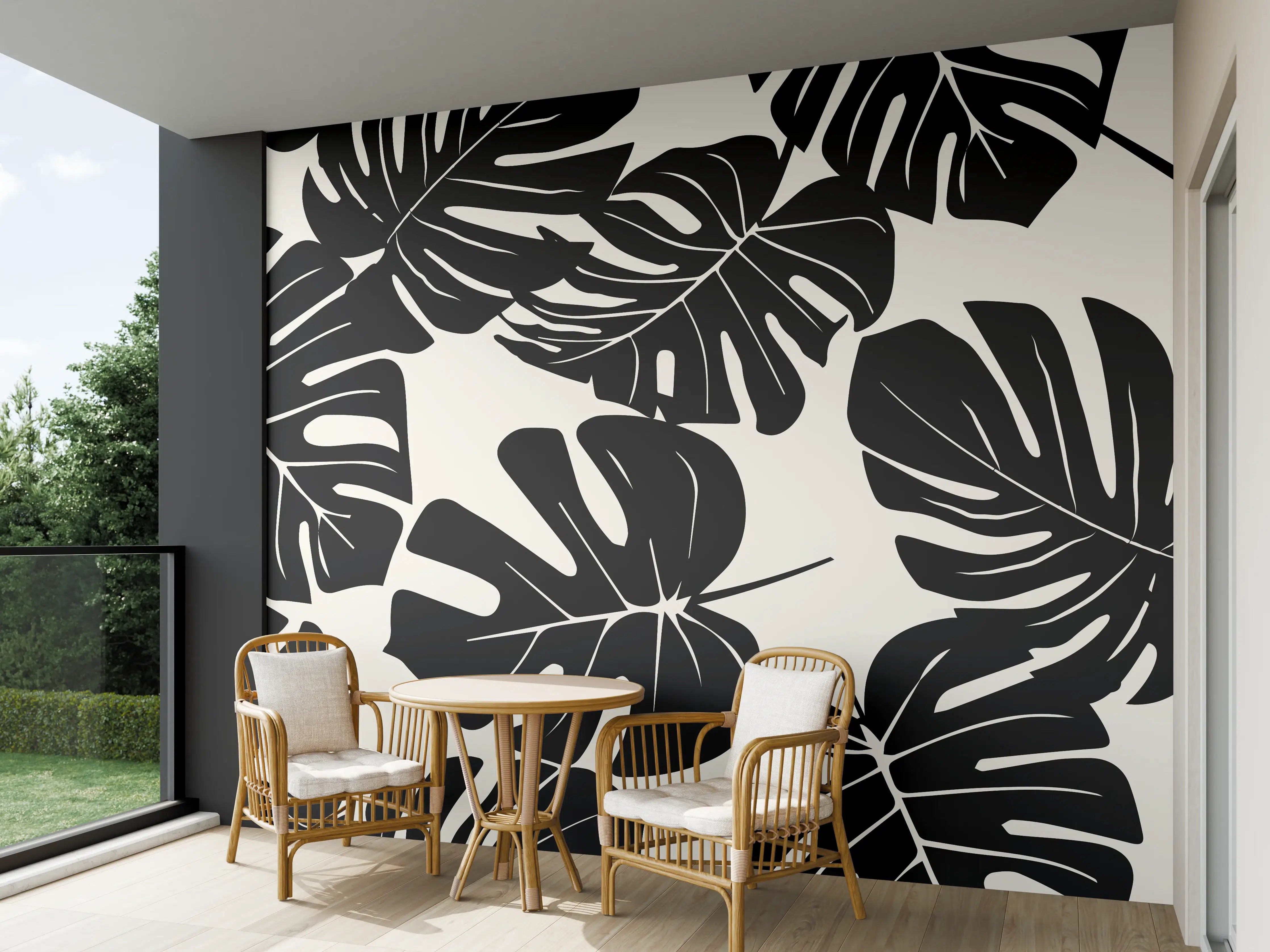 Wandverkleidung außen - Monstera Schwarz-Beige Muster