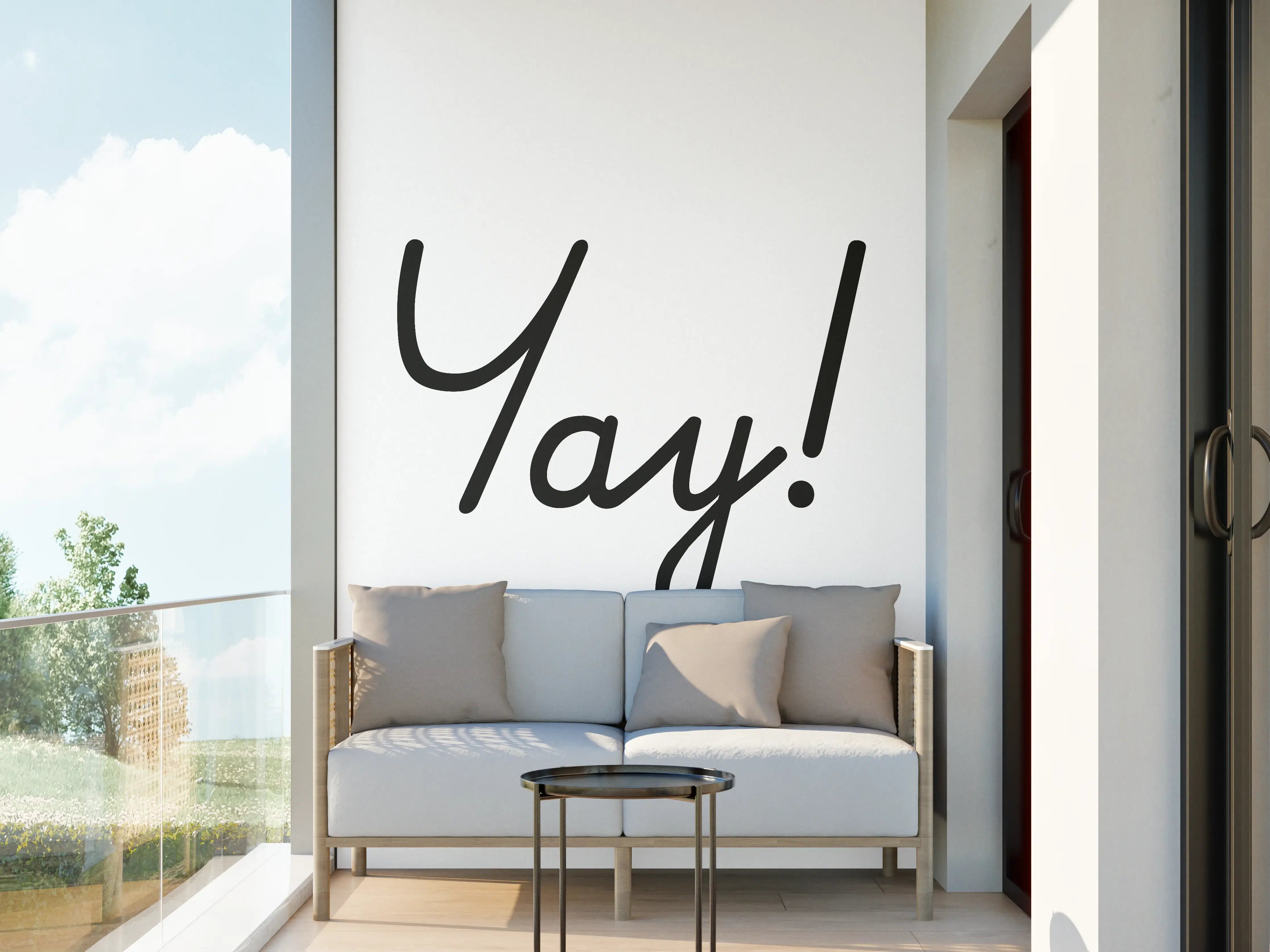 Wandverkleidung außen - Motivationaler 'Yay!' Typo-Druck