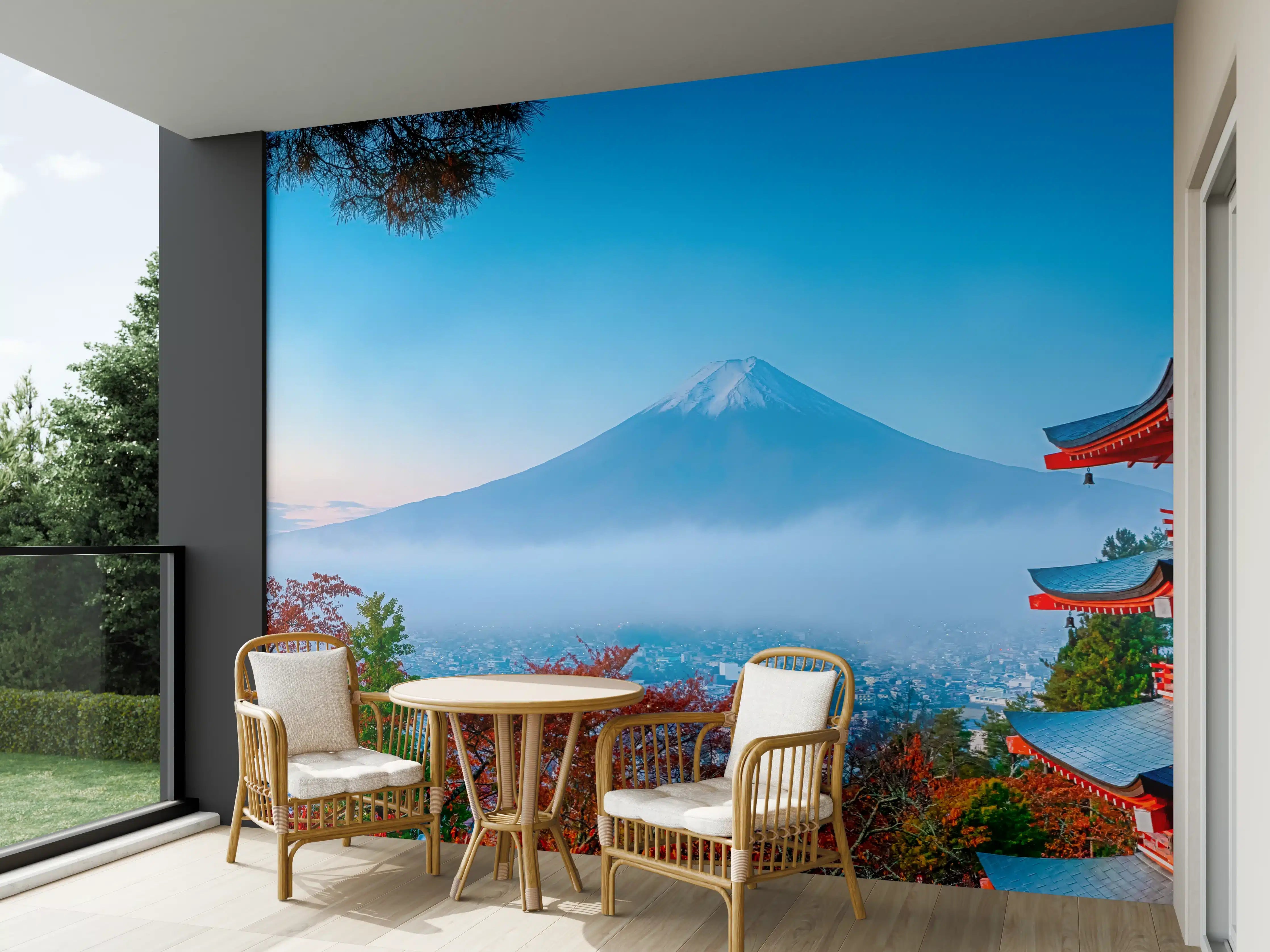 Wandverkleidung außen - Mount Fuji mit Pagode im Herbst