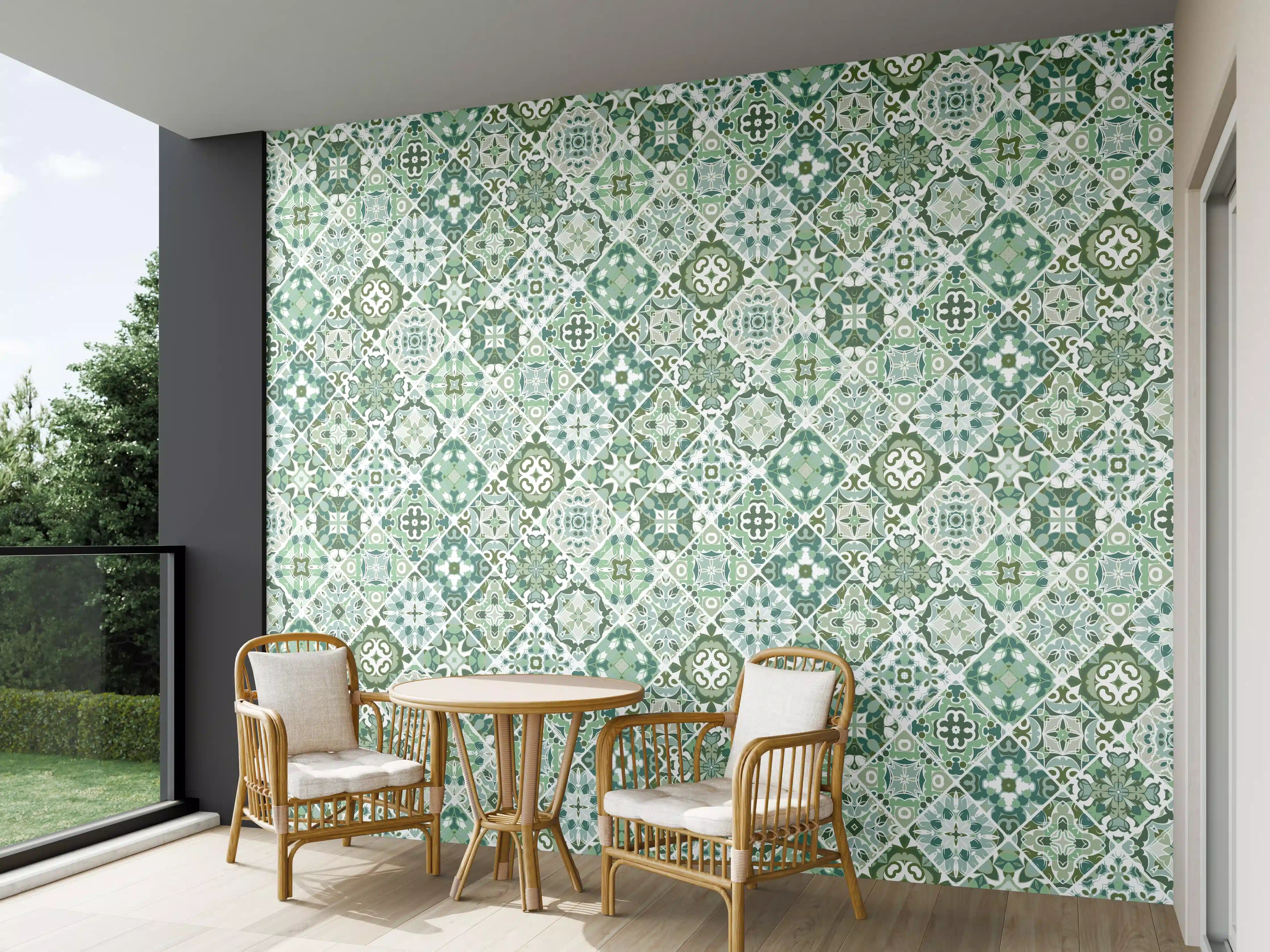 Wandverkleidung außen - Musterhafte Fliesenoptik in sanften Grüntönen