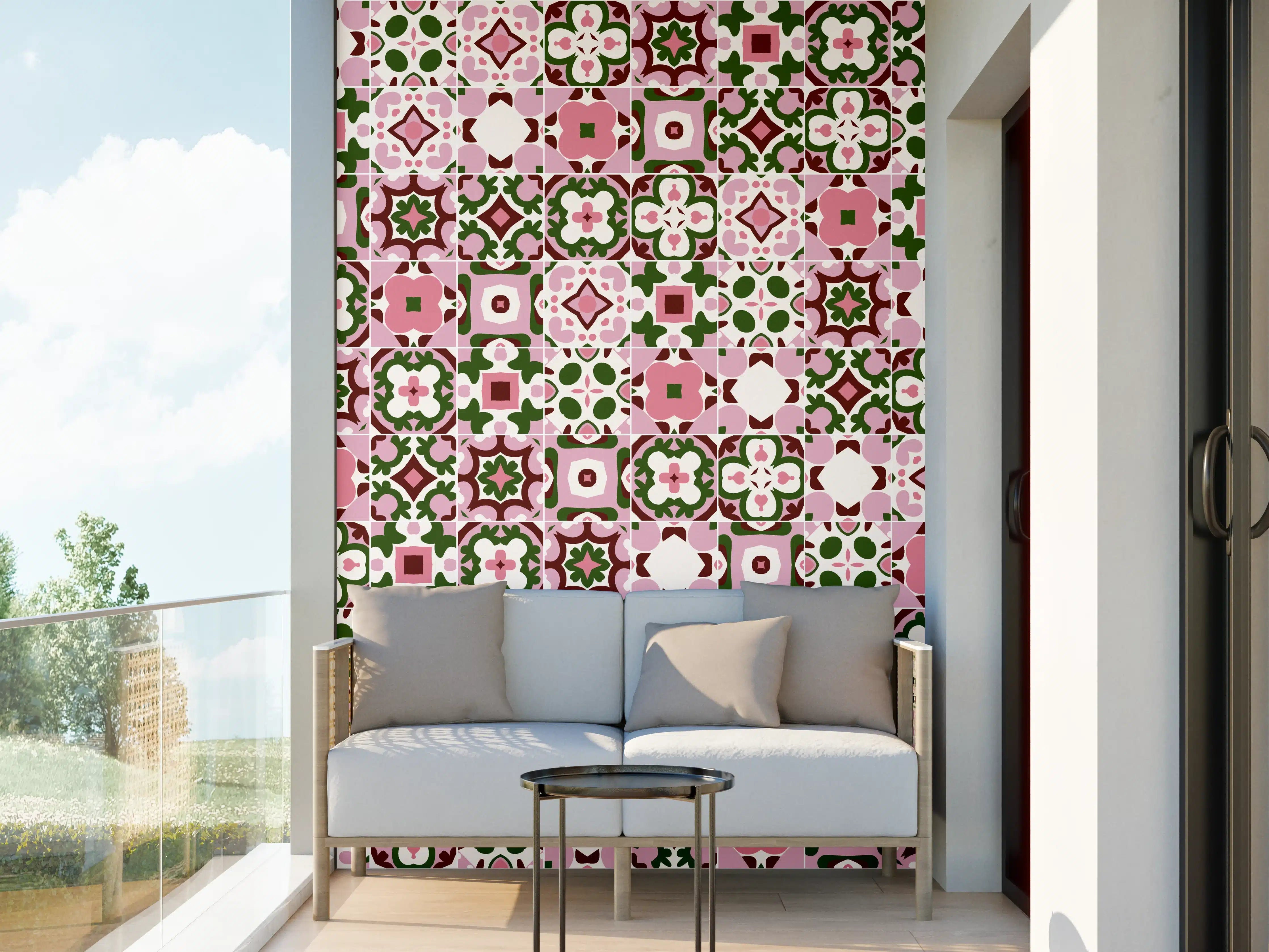 Wandverkleidung außen - Musterhafte, bunte Mosaikfliesen mit pink, grün und weiß