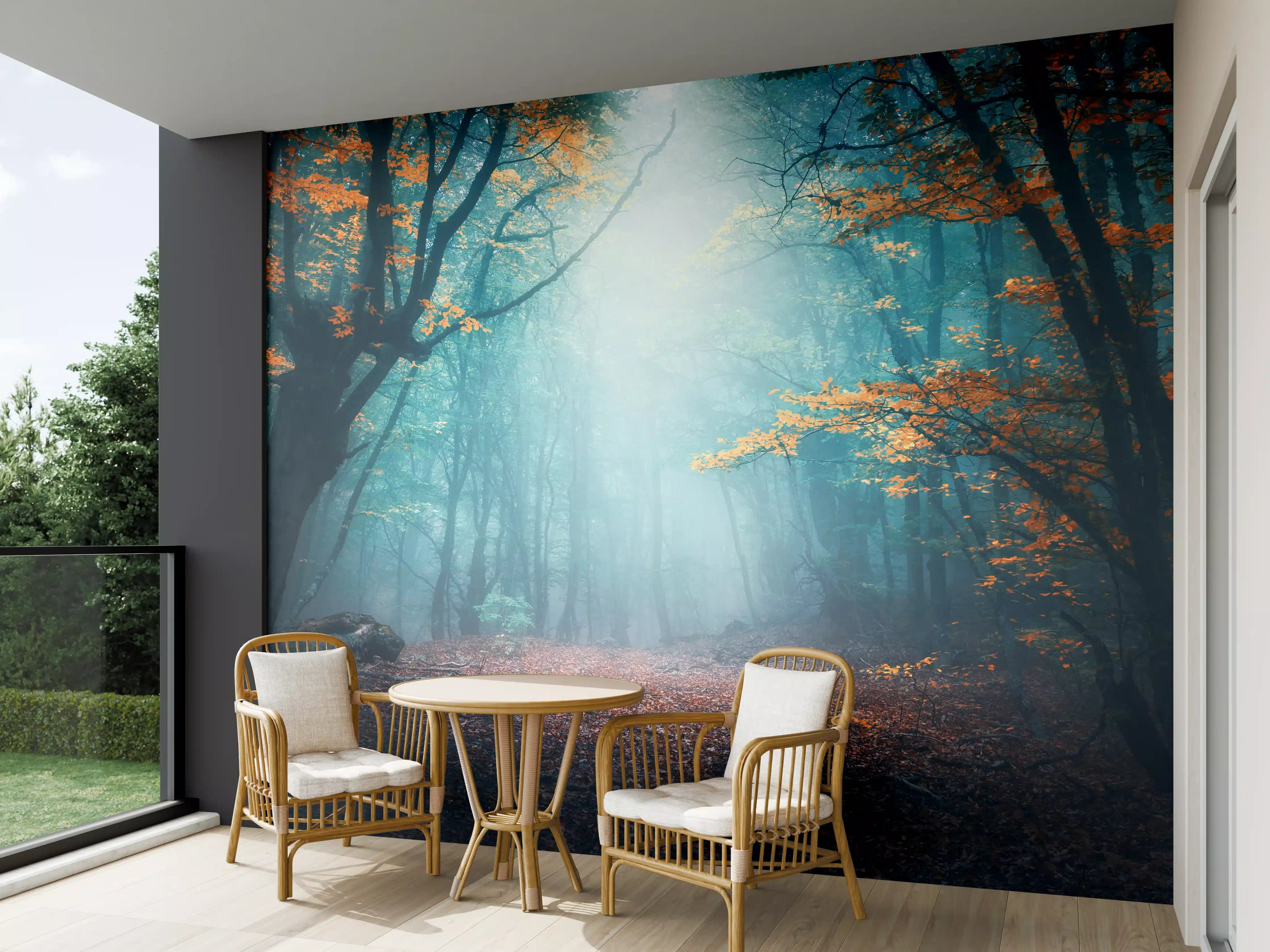 Wandverkleidung außen - Mystischer Nebelwald mit goldenen Herbstfarben