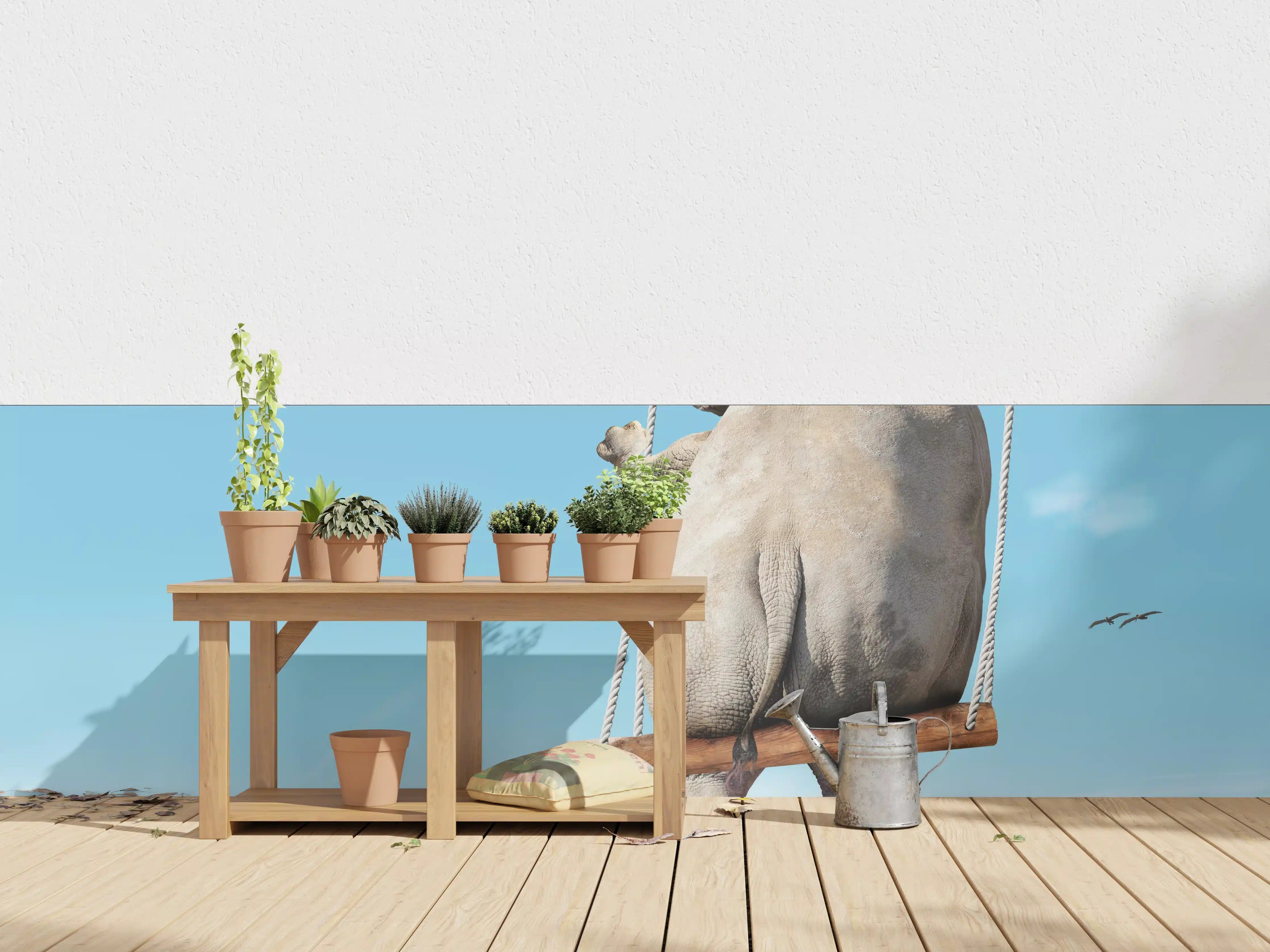 Wandverkleidung außen - Nashorn schaukelt über den Wolken