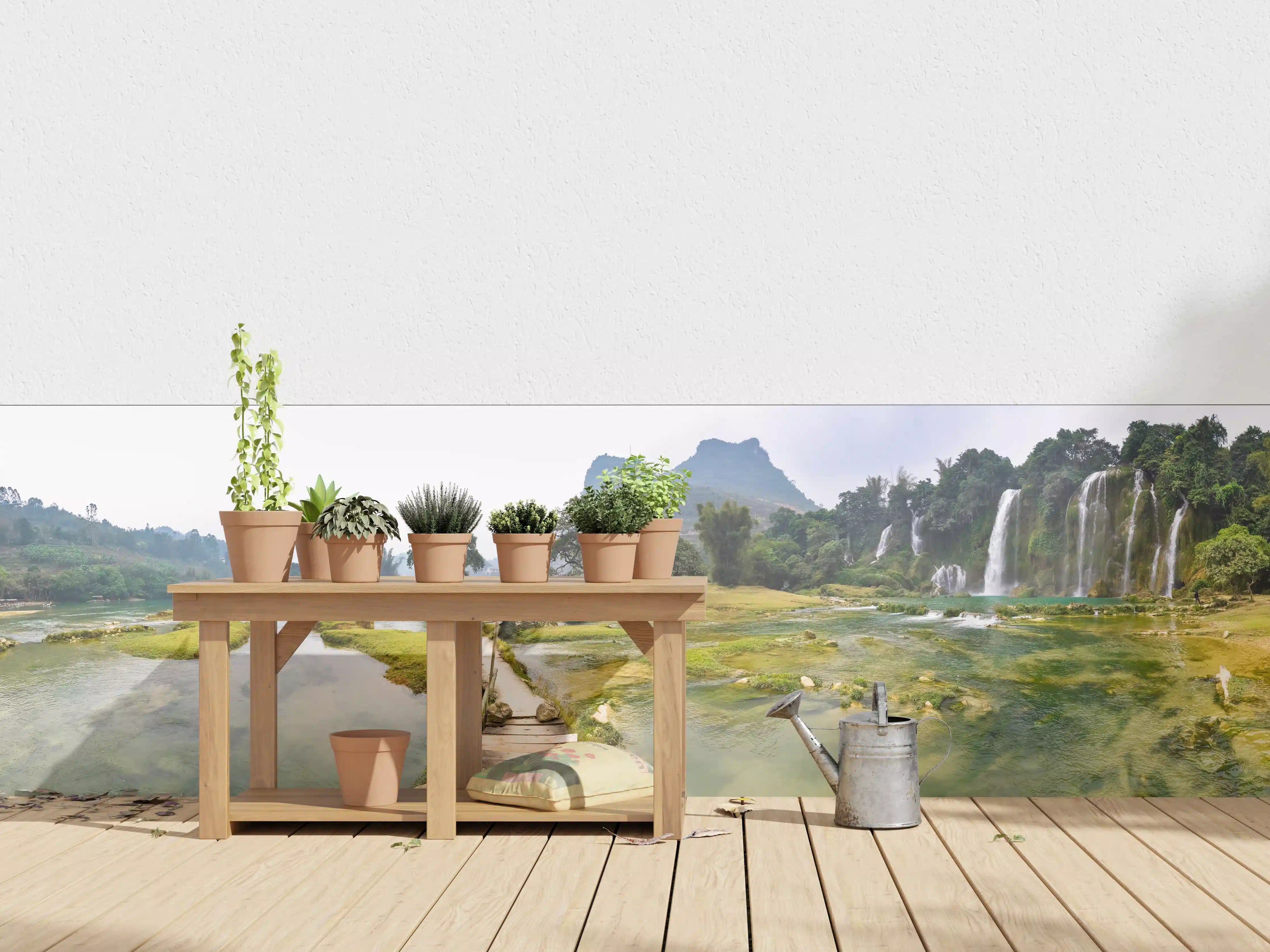 Wandverkleidung außen - Naturpanorama mit Wasserfällen und grüner Landschaft