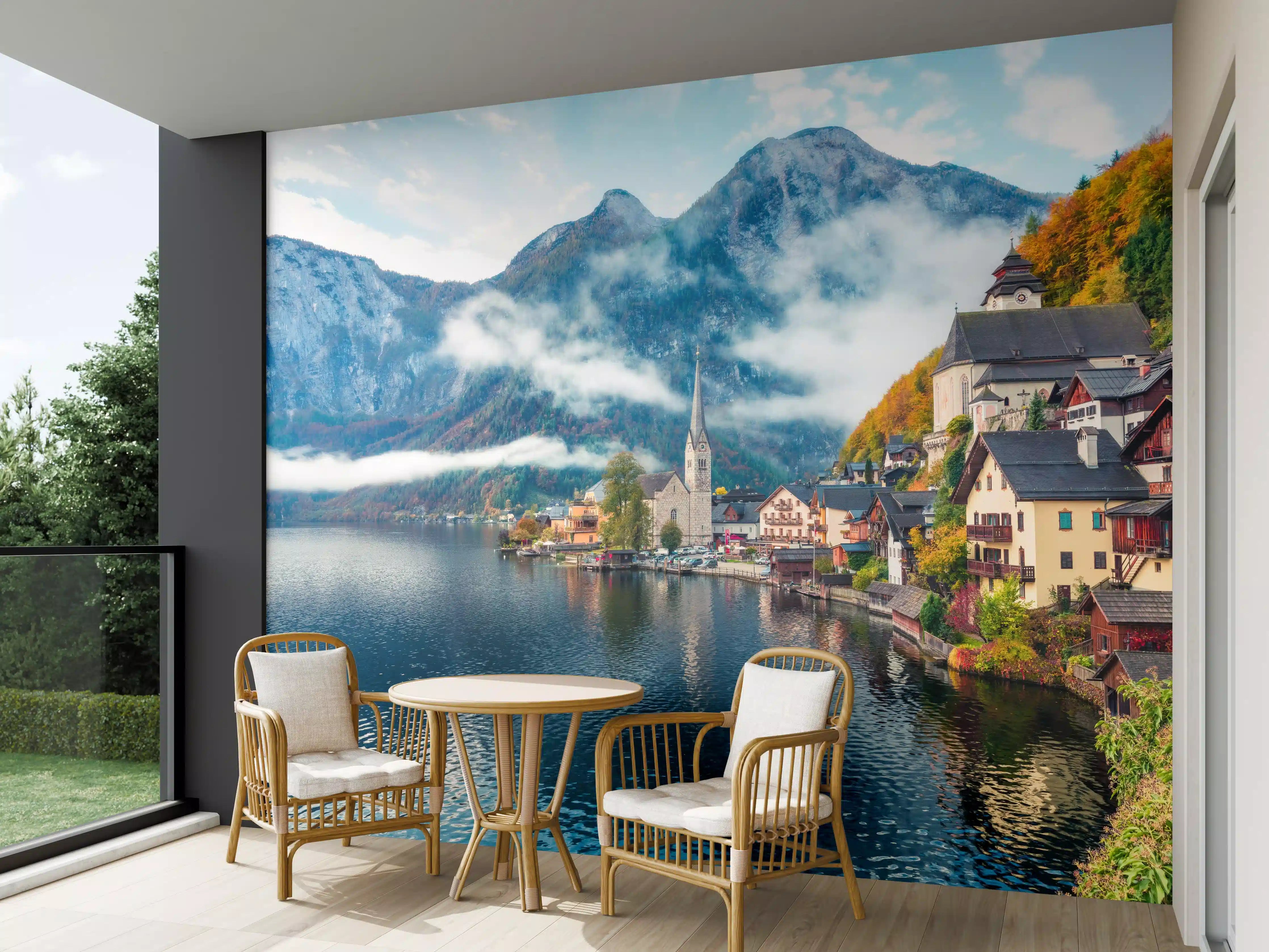 Wandverkleidung außen - Neblige Herbstszene am Hallstätter See