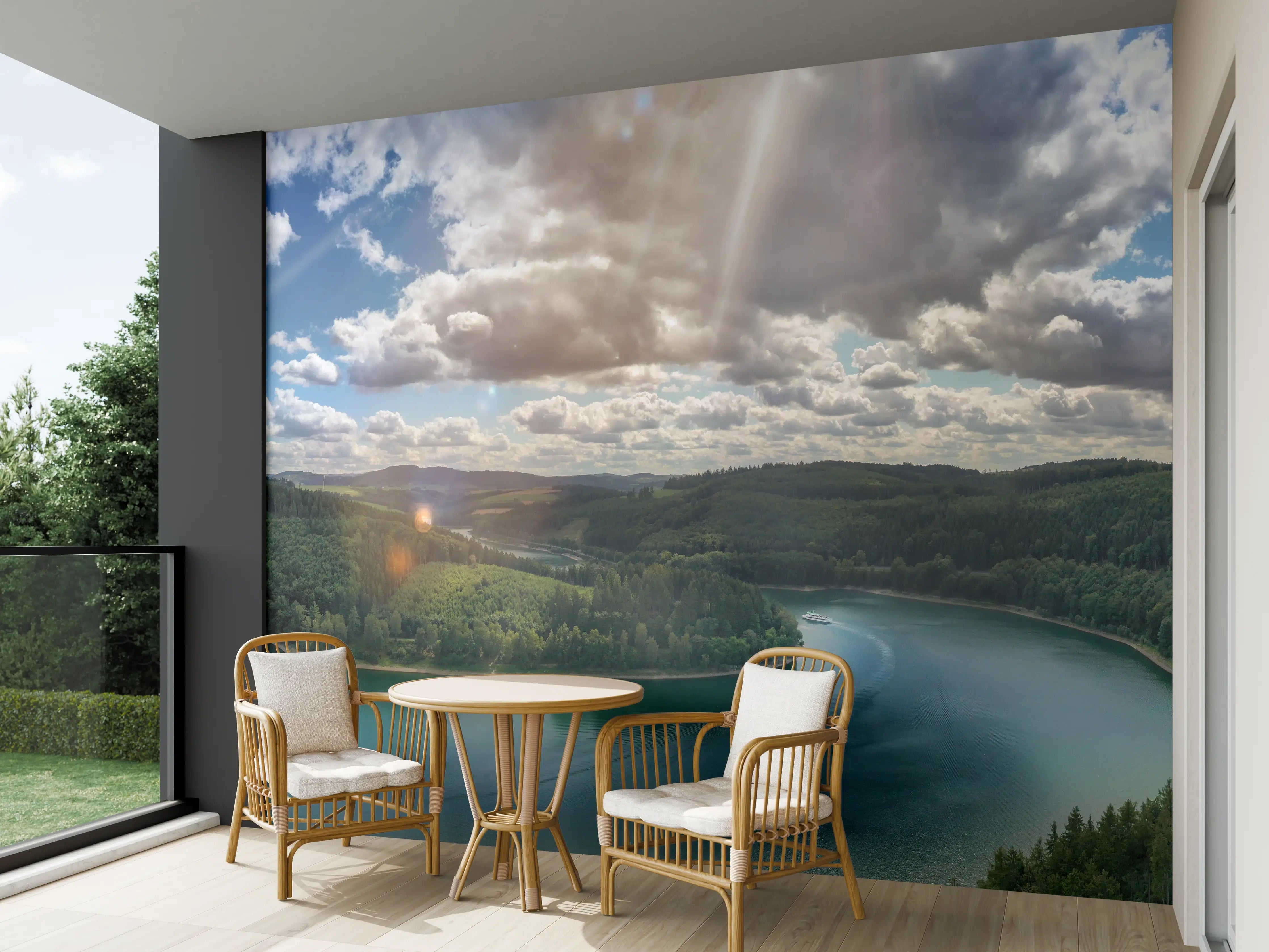 Wandverkleidung außen - Nebliger Bergsee im Grau-Weißen Licht