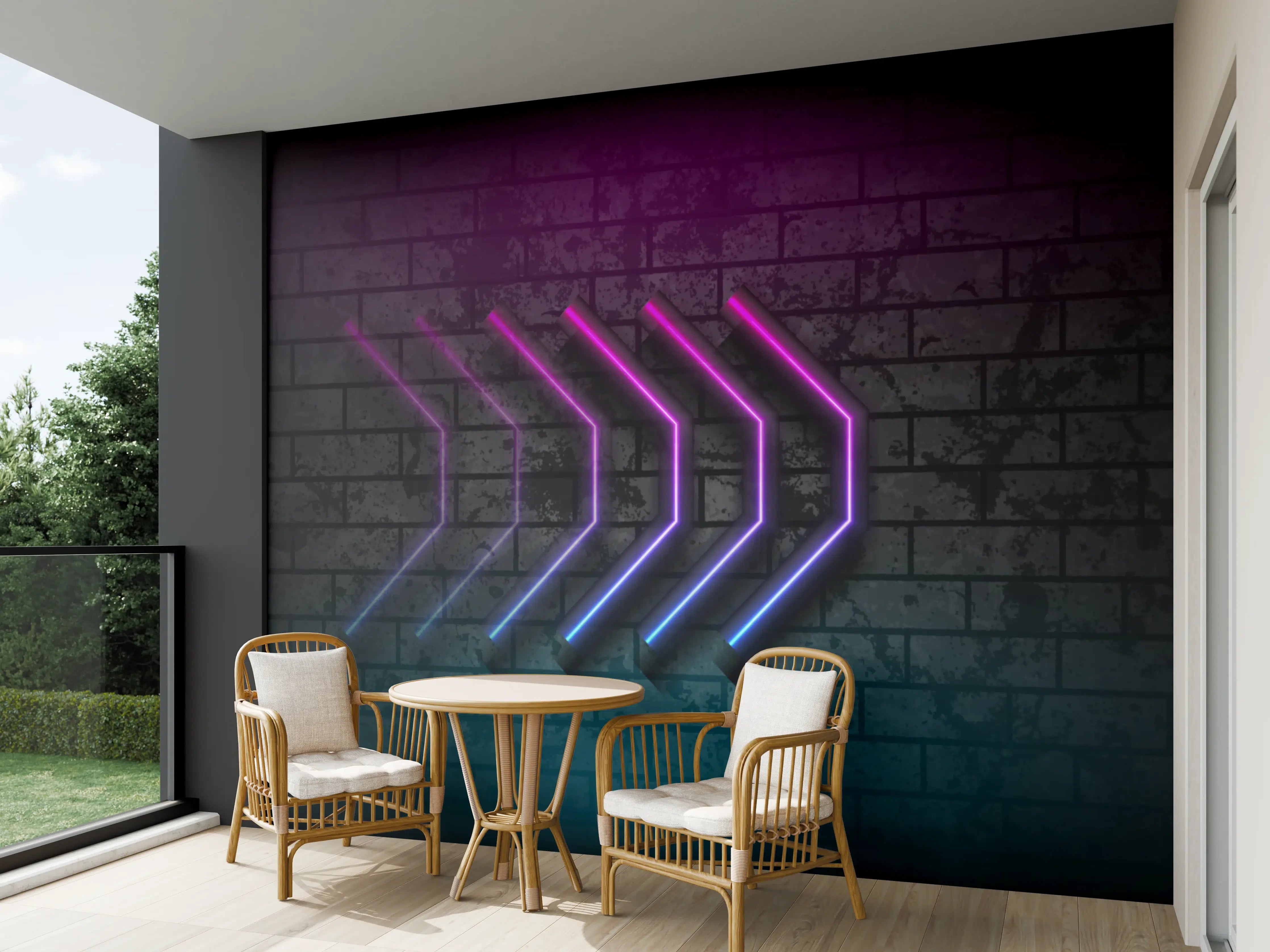 Wandverkleidung außen - Neon-Leuchtpfeile vor dunkler Wand