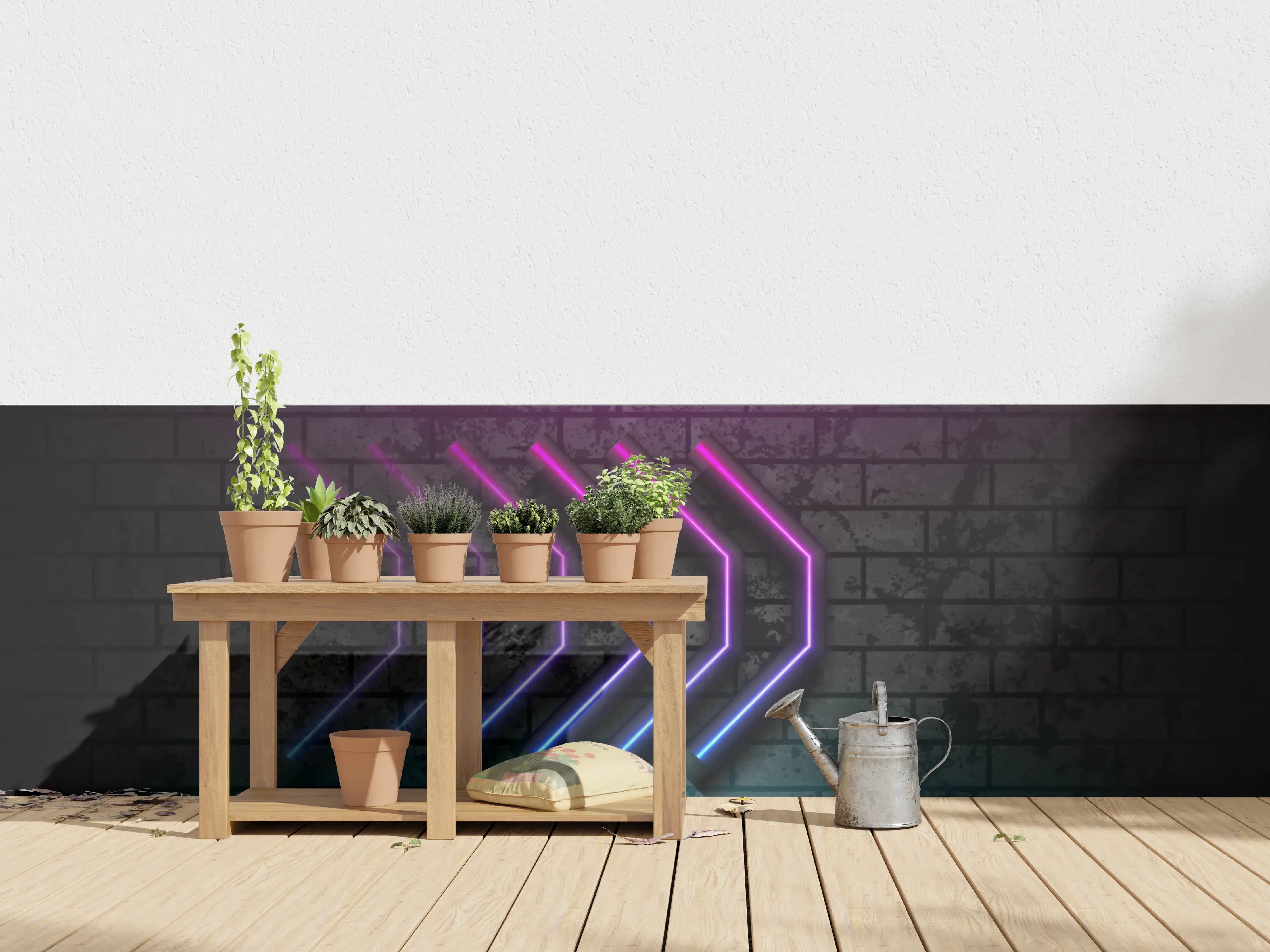 Wandverkleidung außen - Neon-Leuchtpfeile vor dunkler Wand