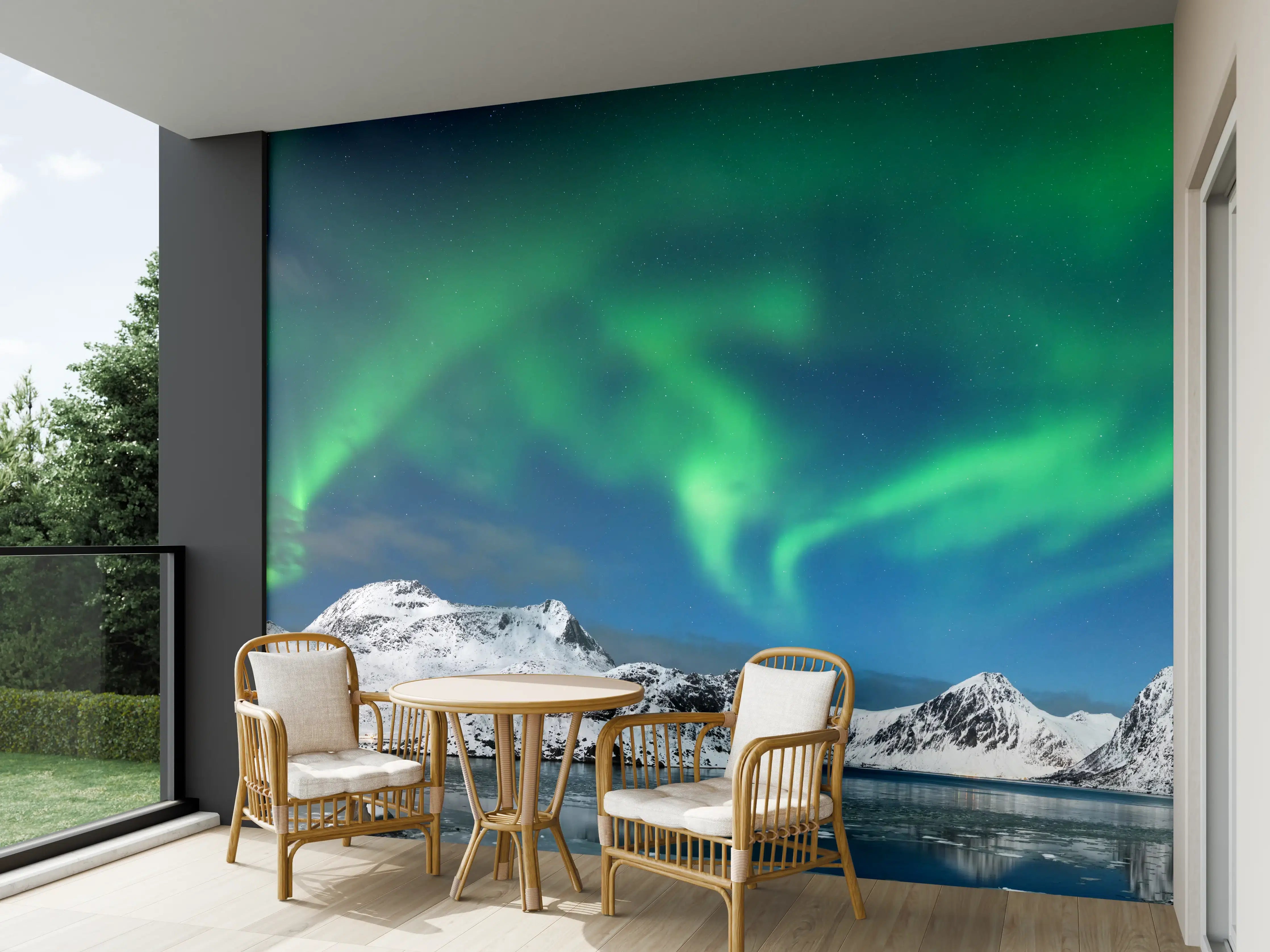 Wandverkleidung außen - Nordlicht über verschneitem Fjord