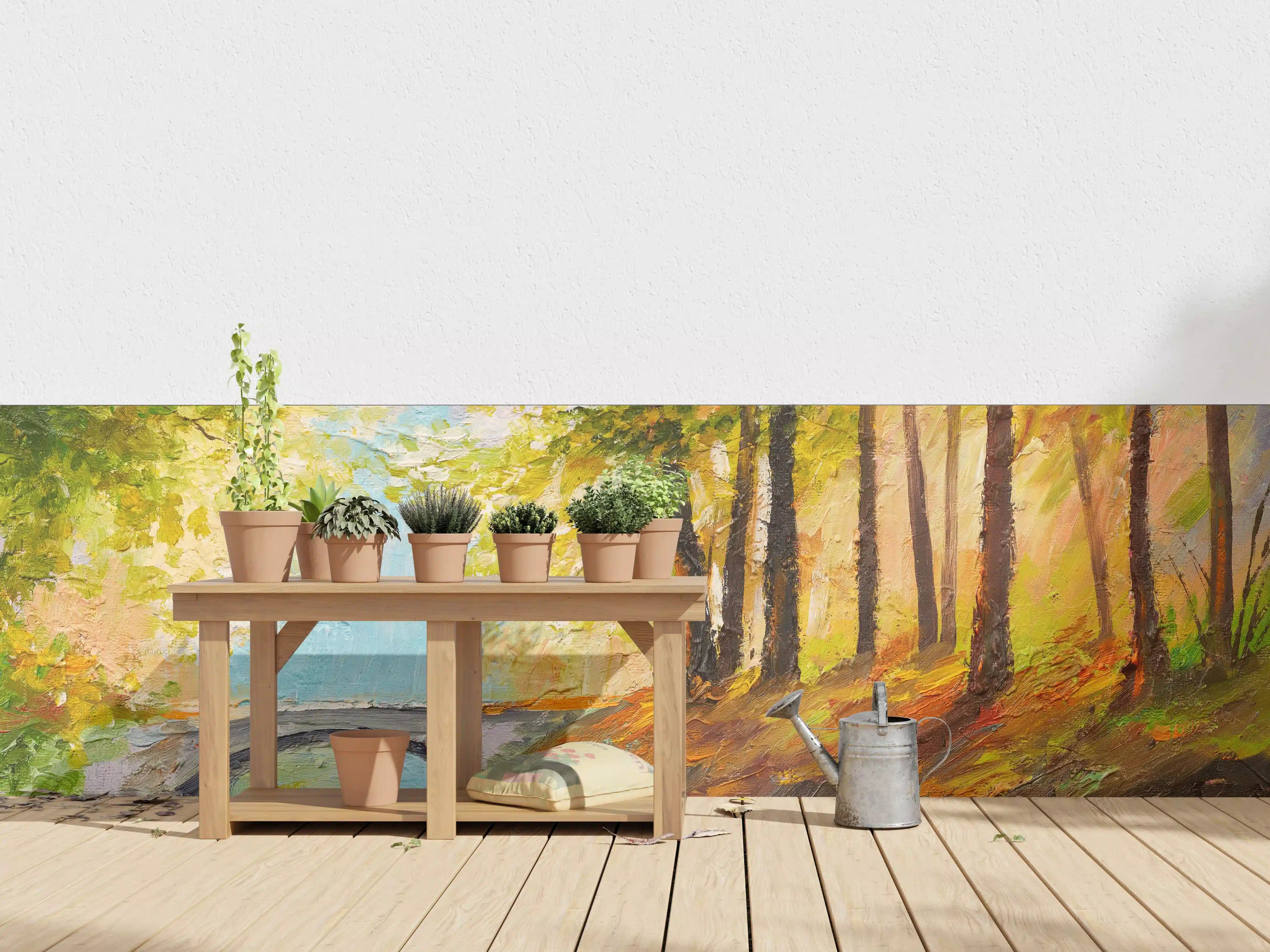Wandverkleidung außen - Ölgemälde Herbst Wald mit Fluss