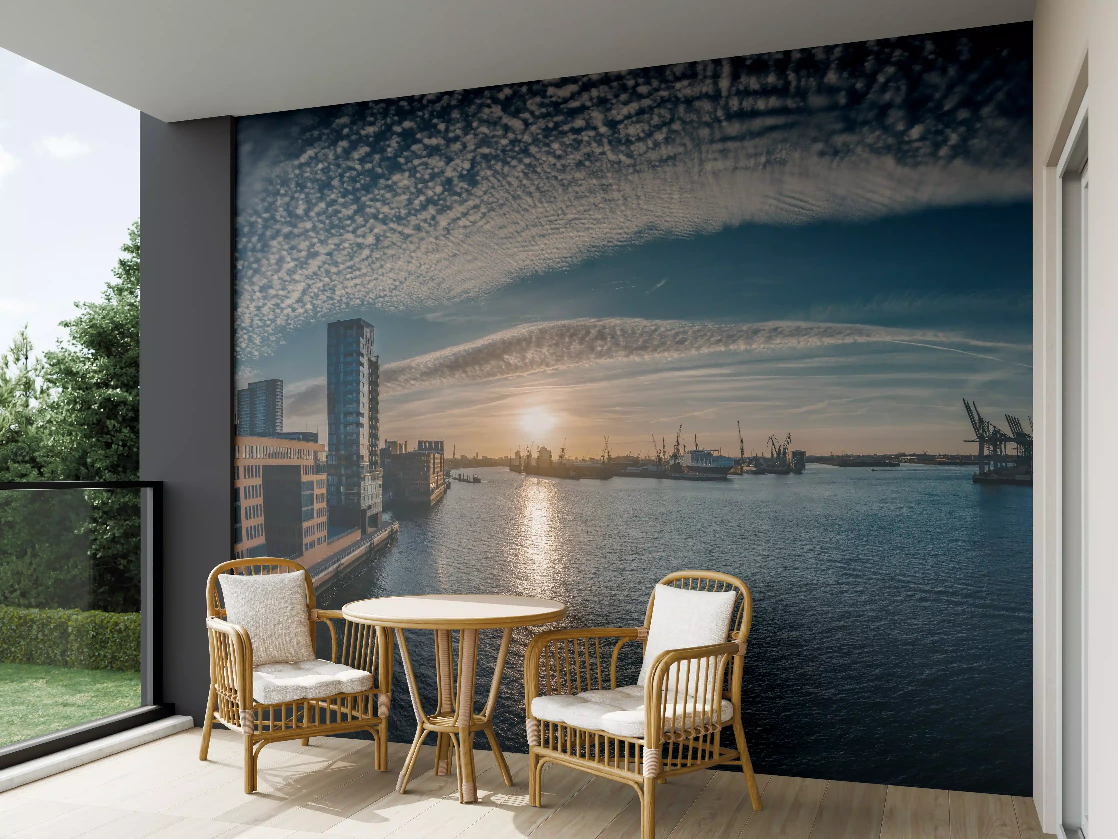 Wandverkleidung außen - Panoramablick Hamburg bei Sonnenuntergang