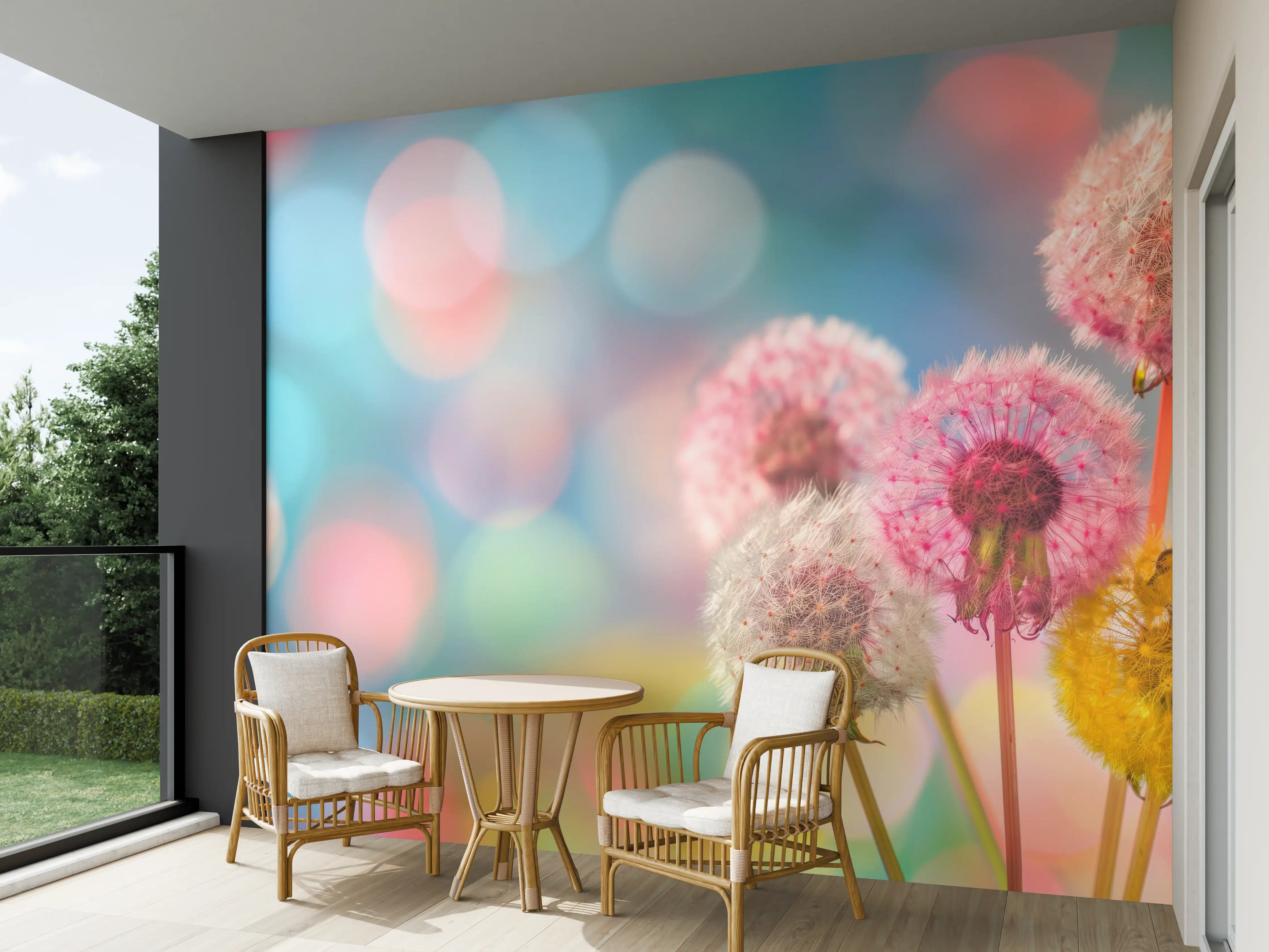 Wandverkleidung außen - Pastell-Pusteblumen im Bokeh