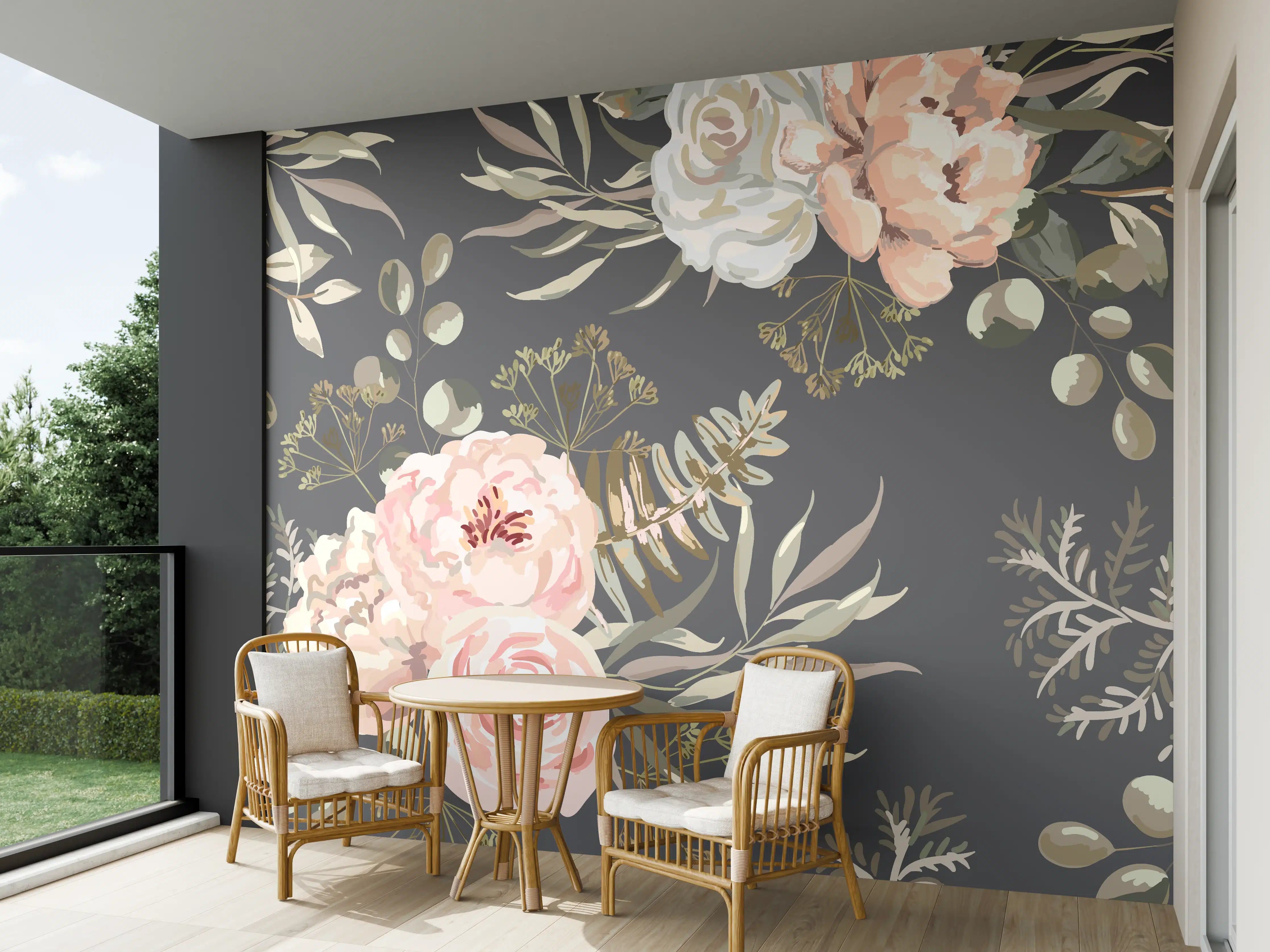Wandverkleidung außen - Pastellfarbene Blumenillustration mit zarten Grautönen