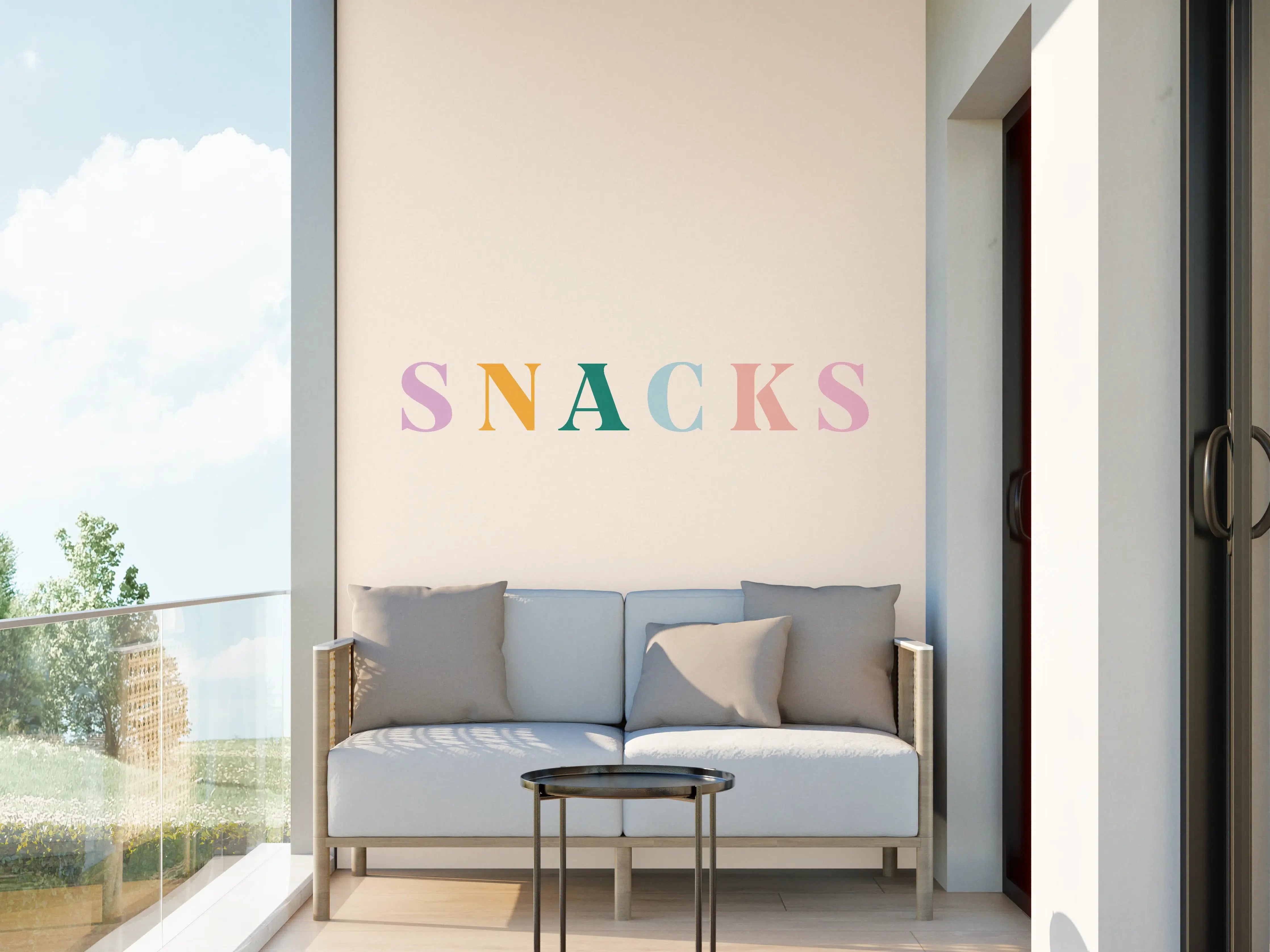 Wandverkleidung außen - Pastellfarbene 'SNACKS' Schrift