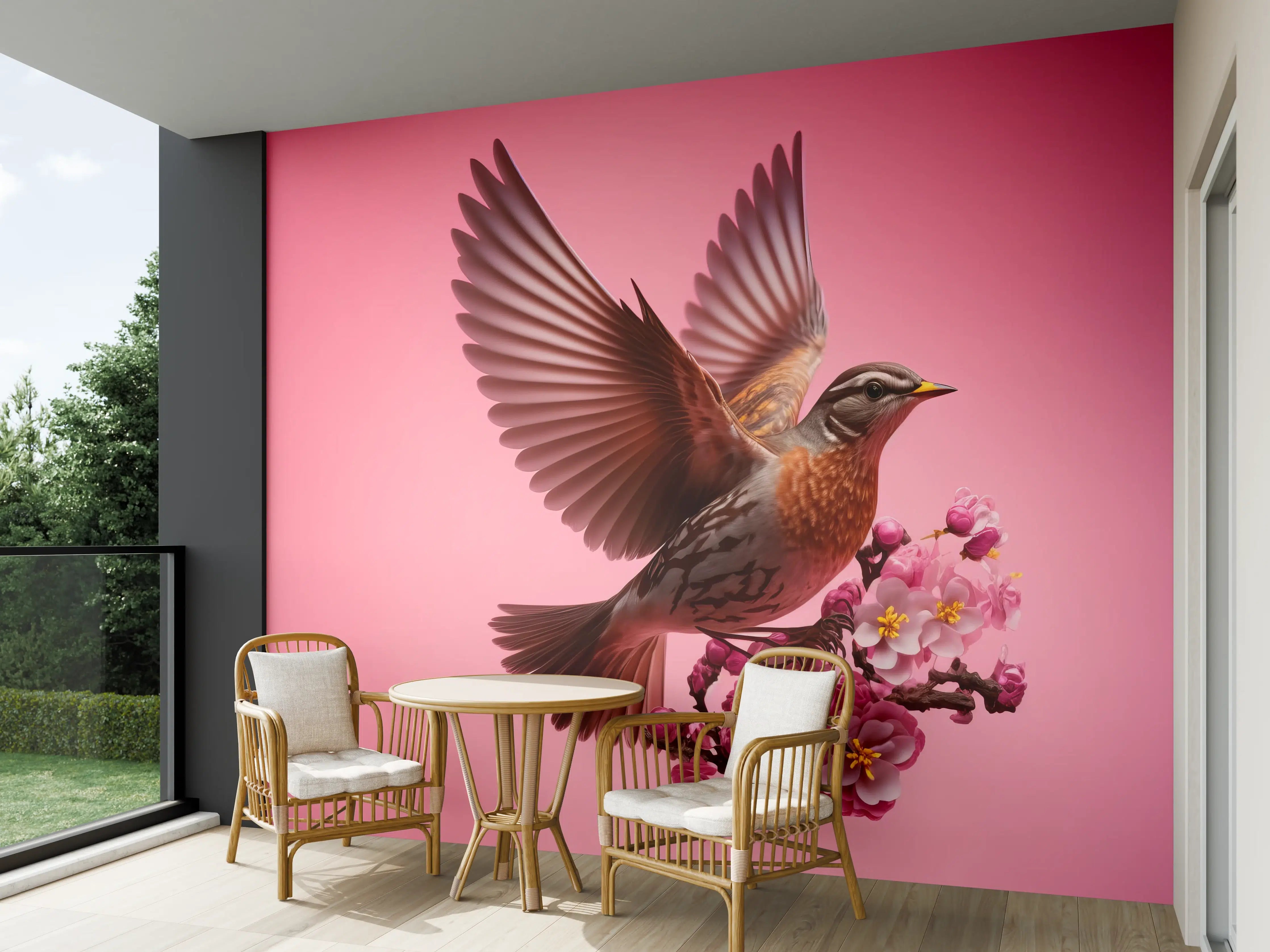 Wandverkleidung außen - Rosa Kirschblüten Vogelflug