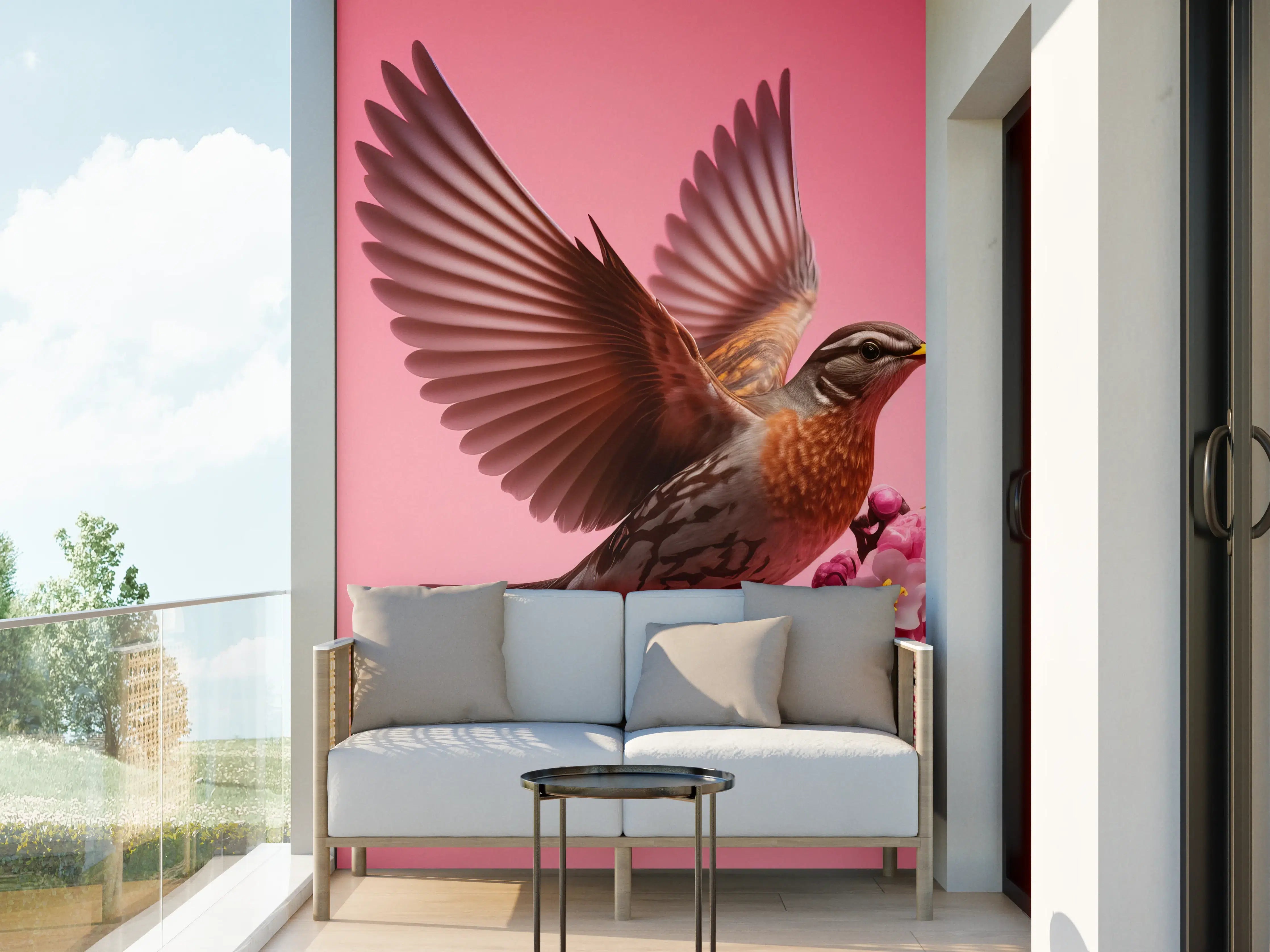 Wandverkleidung außen - Rosa Kirschblüten Vogelflug