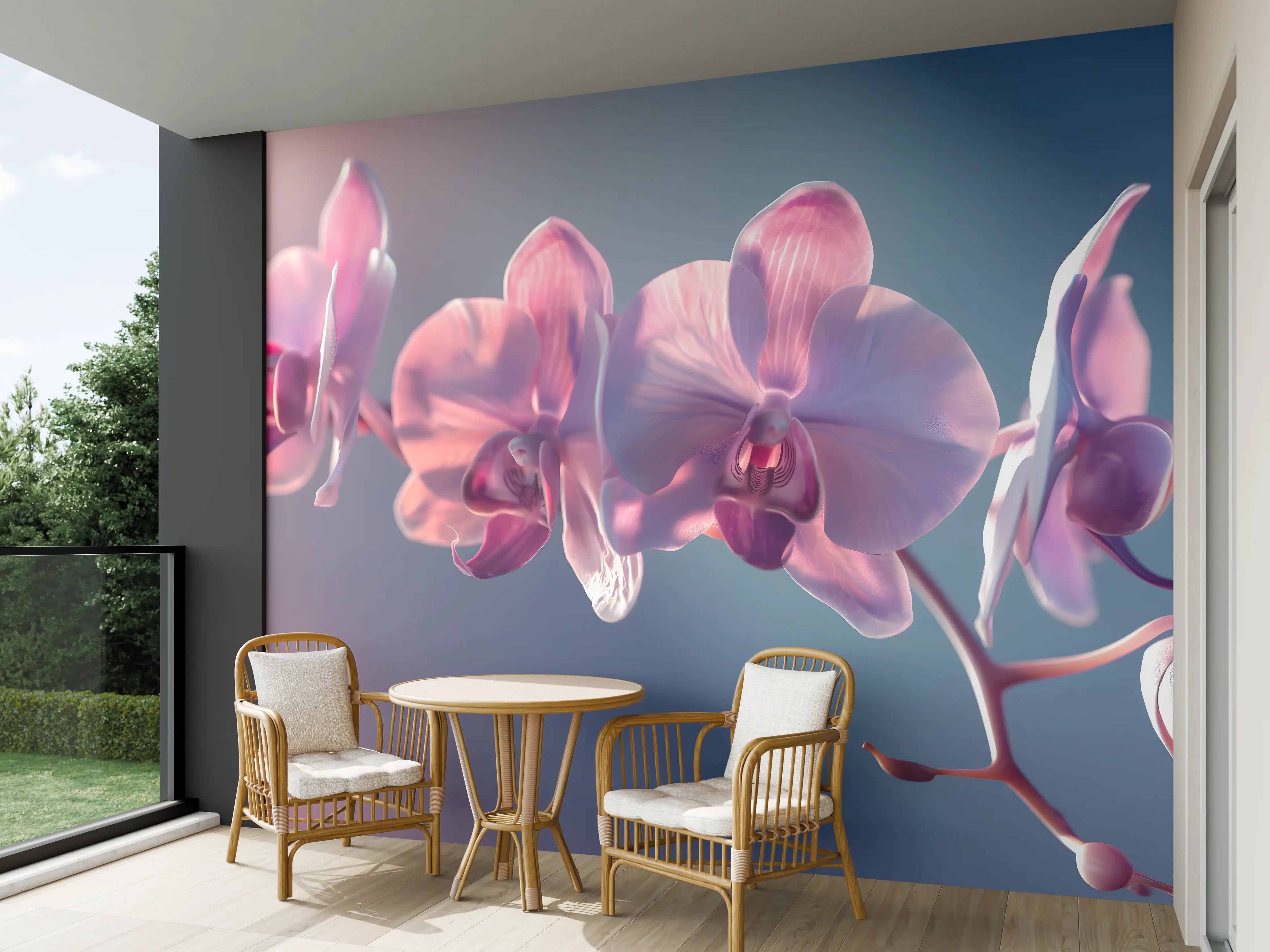 Wandverkleidung außen - Rosa Orchideen auf Blau