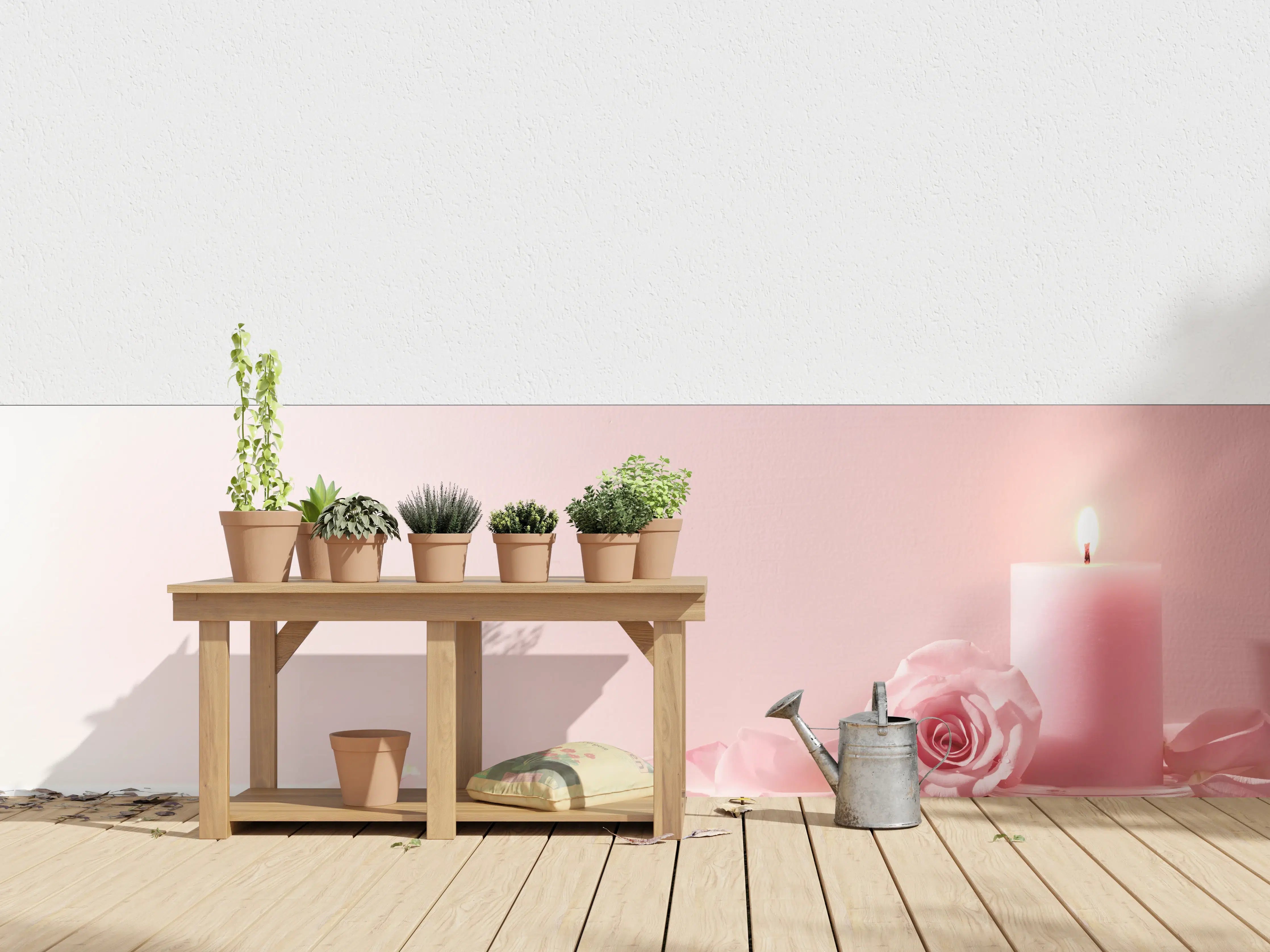 Wandverkleidung außen - Rosa Rosen und Kerze auf einem rosa Hintergrund