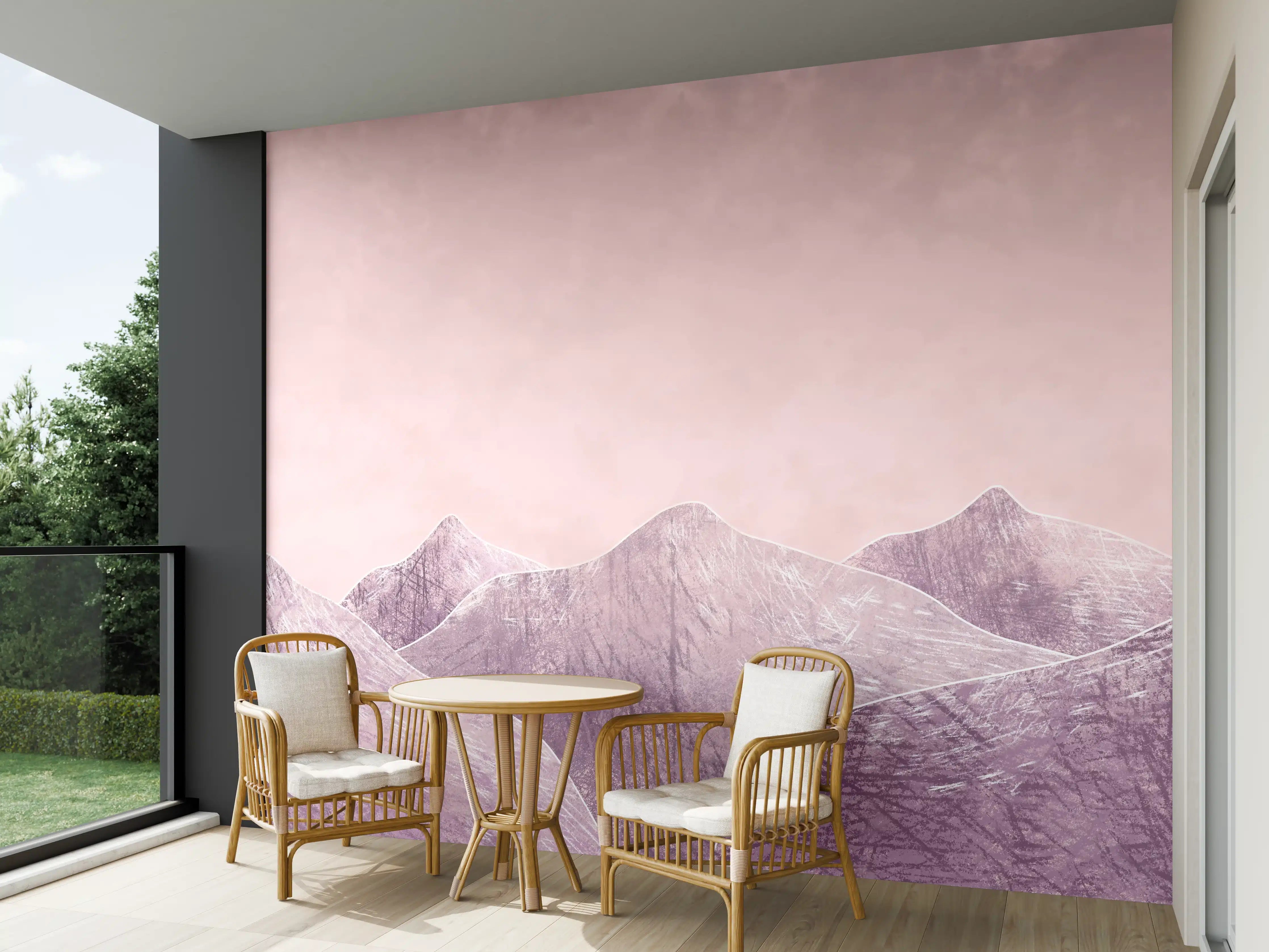 Wandverkleidung außen - Rosa-lilane Berglandschaft - Kunstmalerei