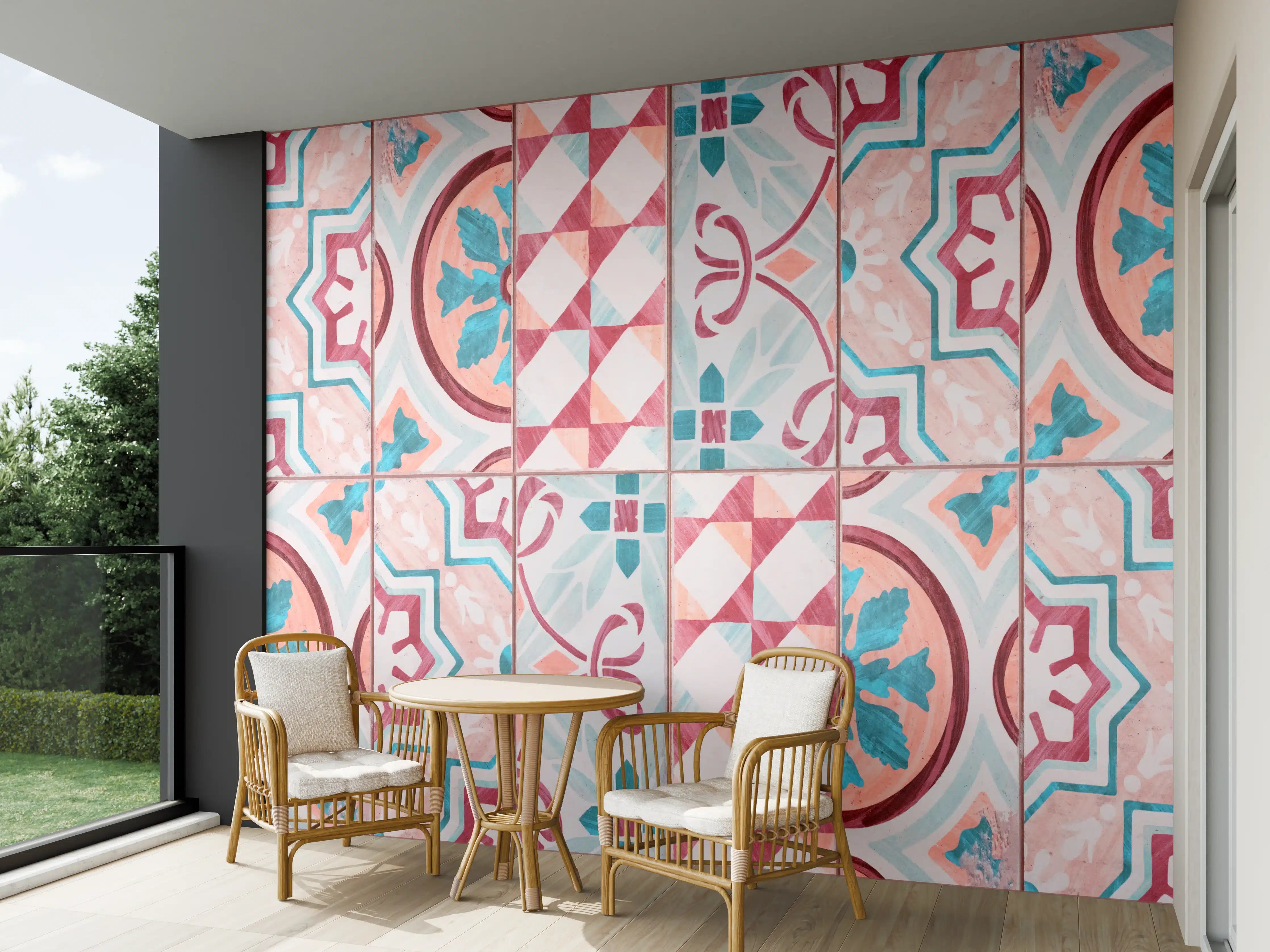 Wandverkleidung außen - Rot-türkises rechteckiges Mosaik