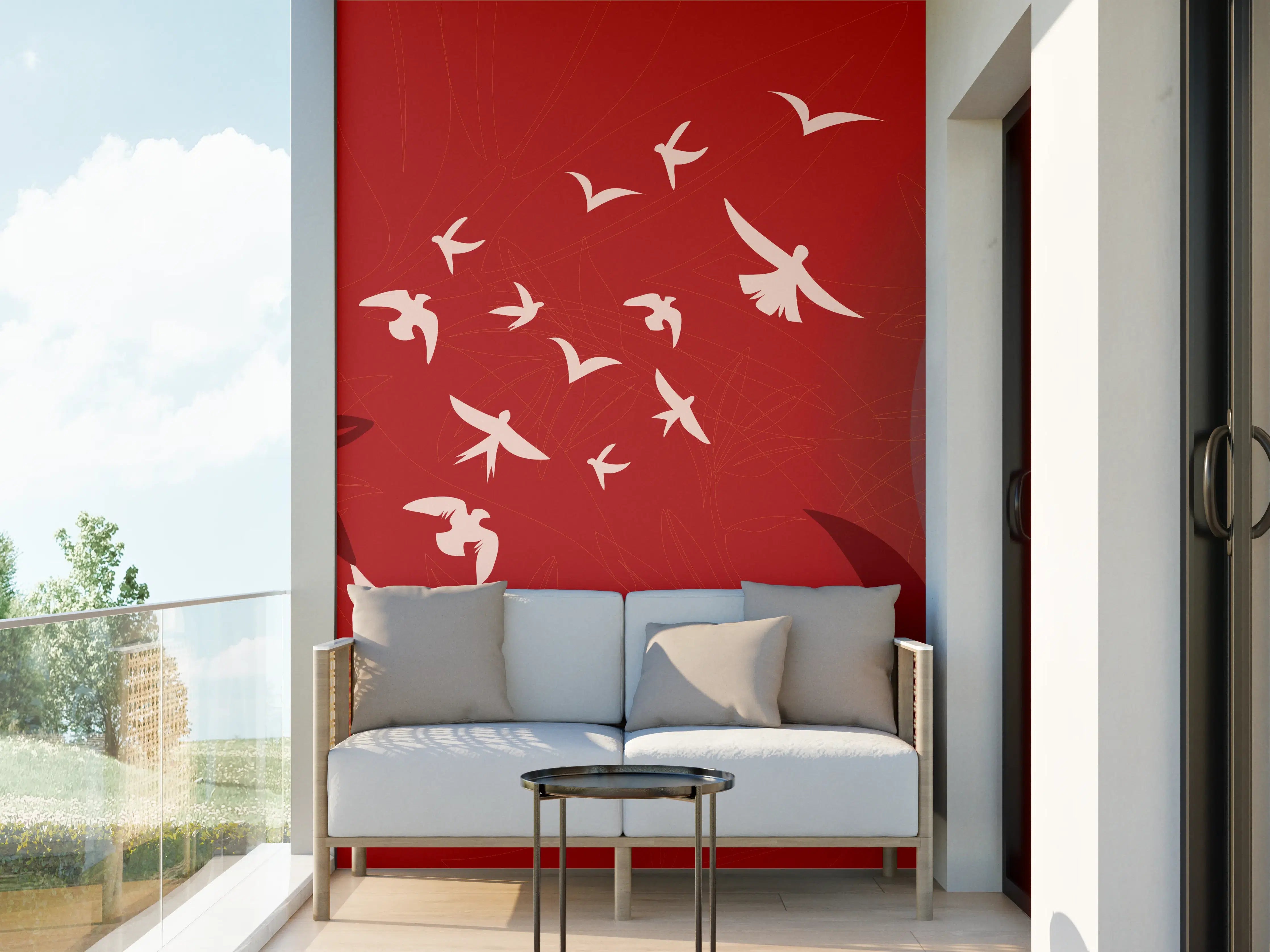 Wandverkleidung außen - Rote Abendstimmung Vögel Silhouetten