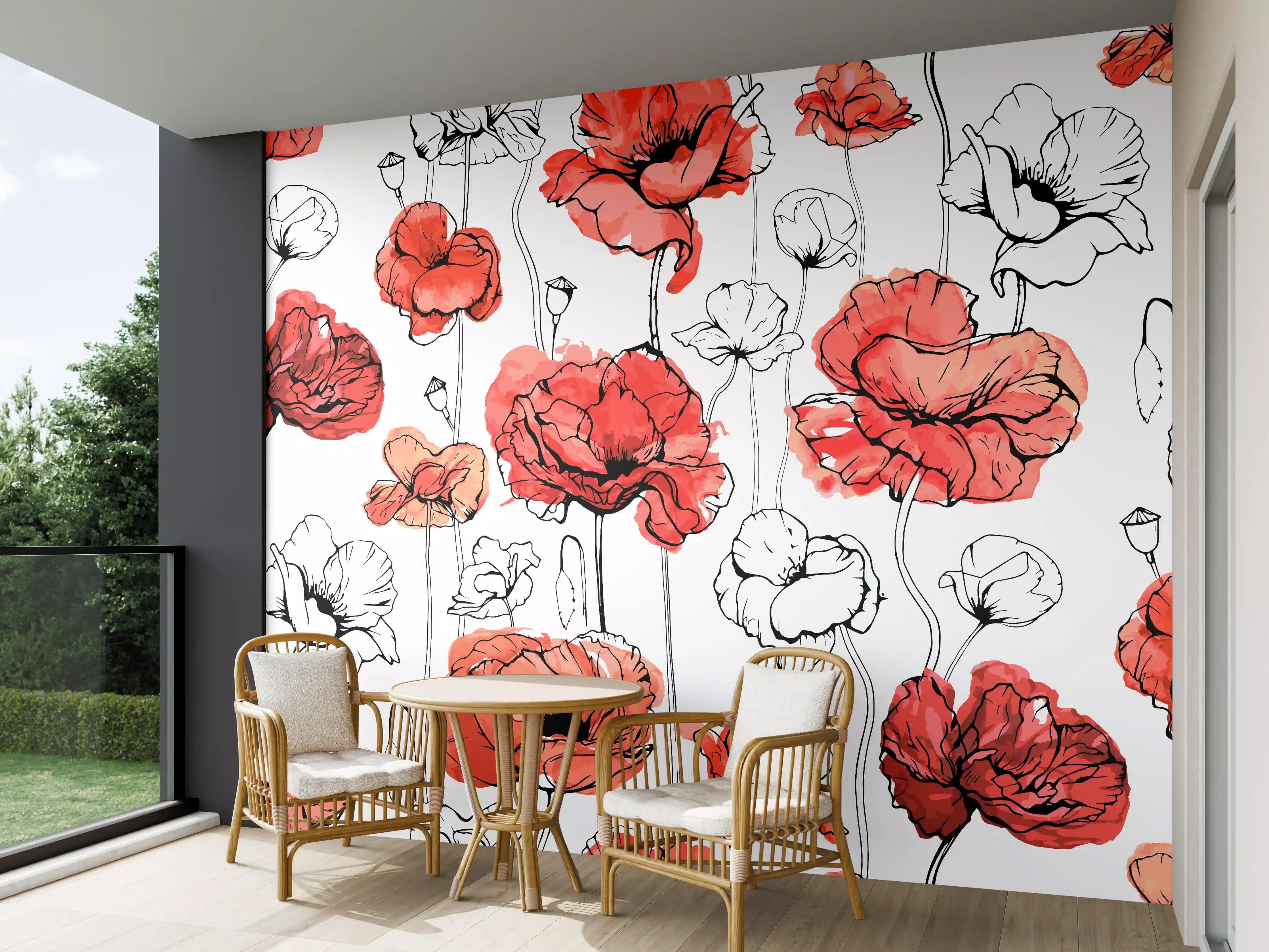 Wandverkleidung außen - Rote Mohnblumen Lineart-Muster