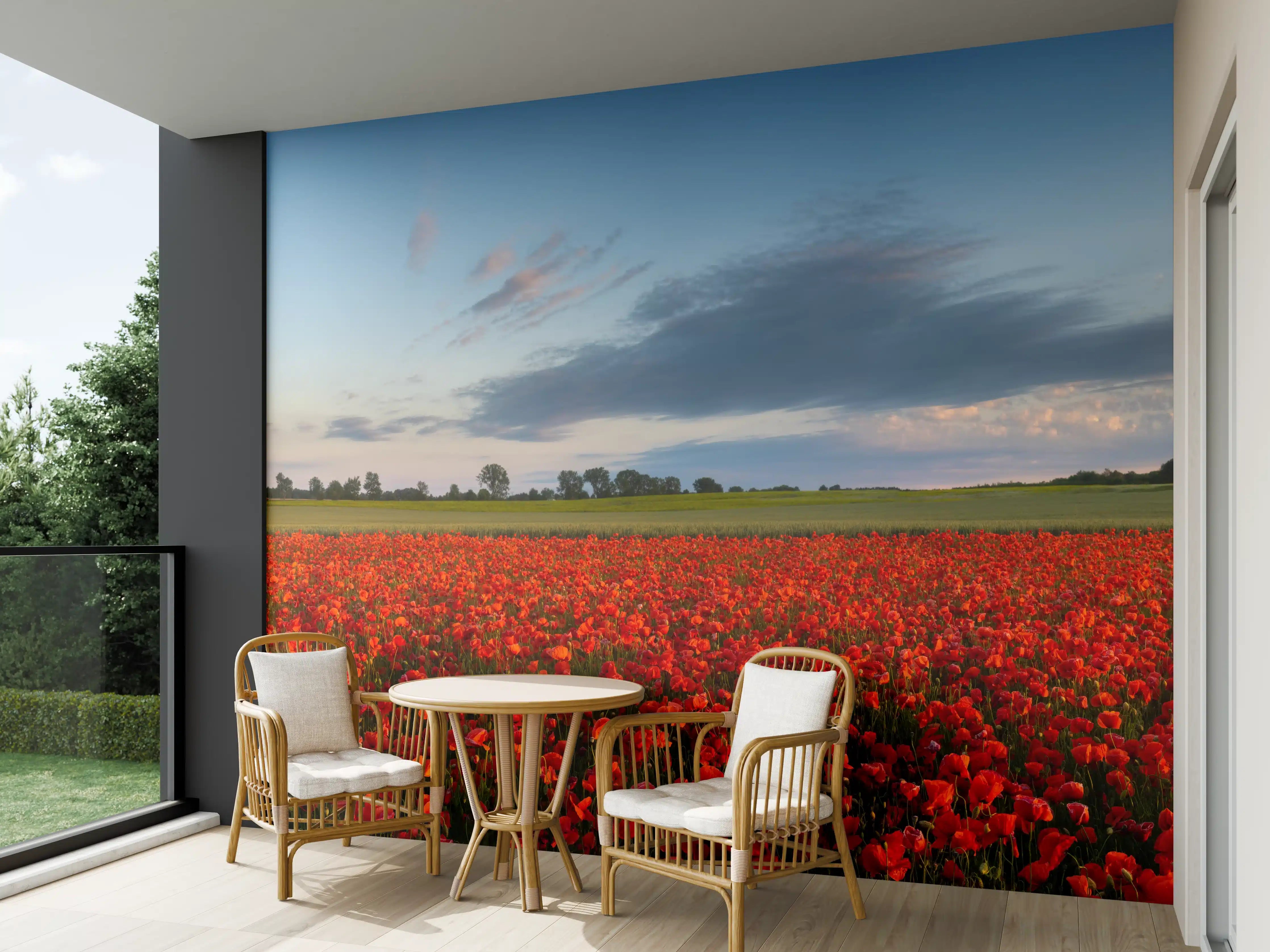 Wandverkleidung außen - Rotes Mohnfeld unter blauem Himmel