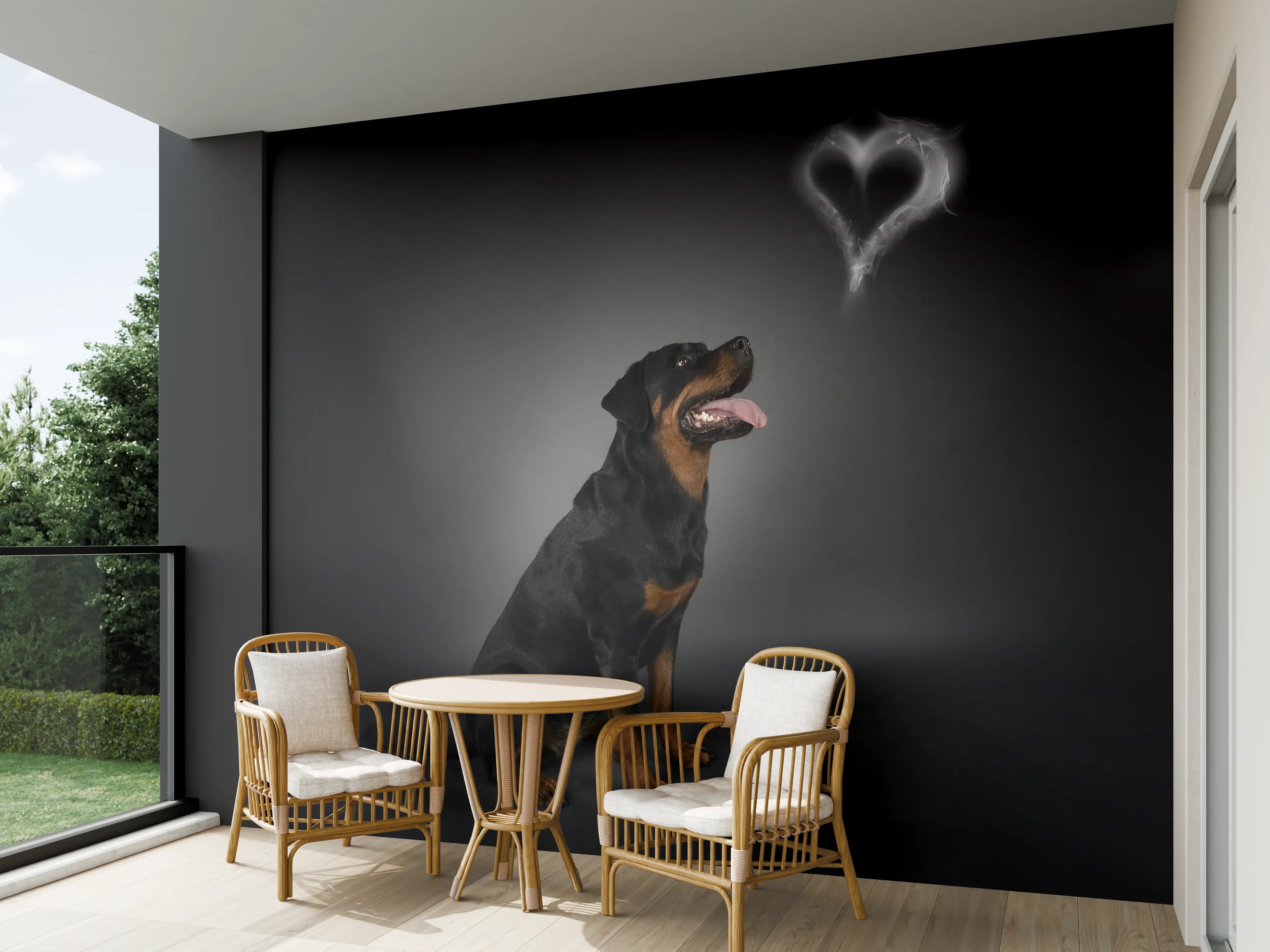Wandverkleidung außen - Rottweiler sitzend mit Blick auf Herz