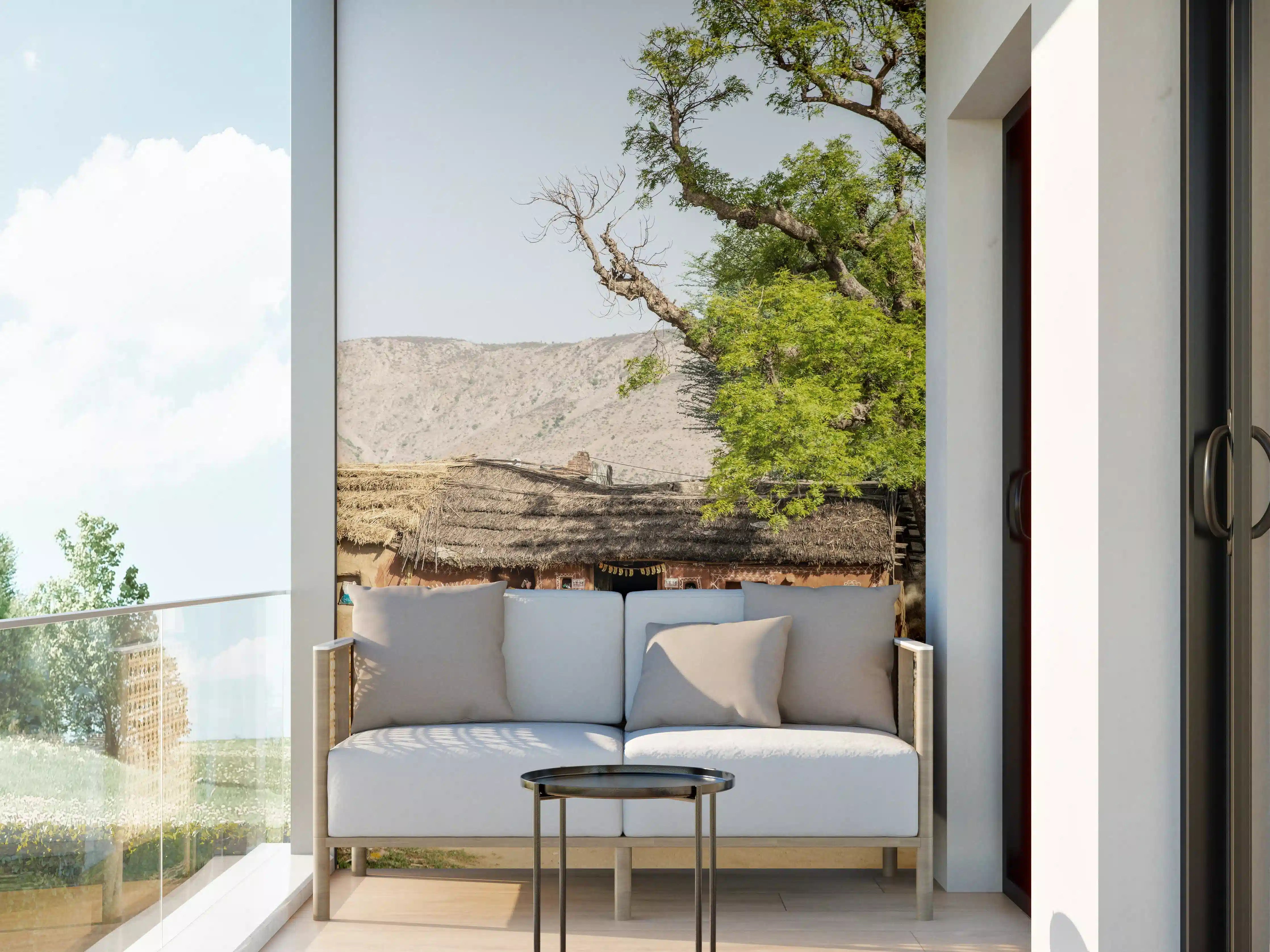 Wandverkleidung außen - Rustikale Dorflandschaft mit Fahrrad
