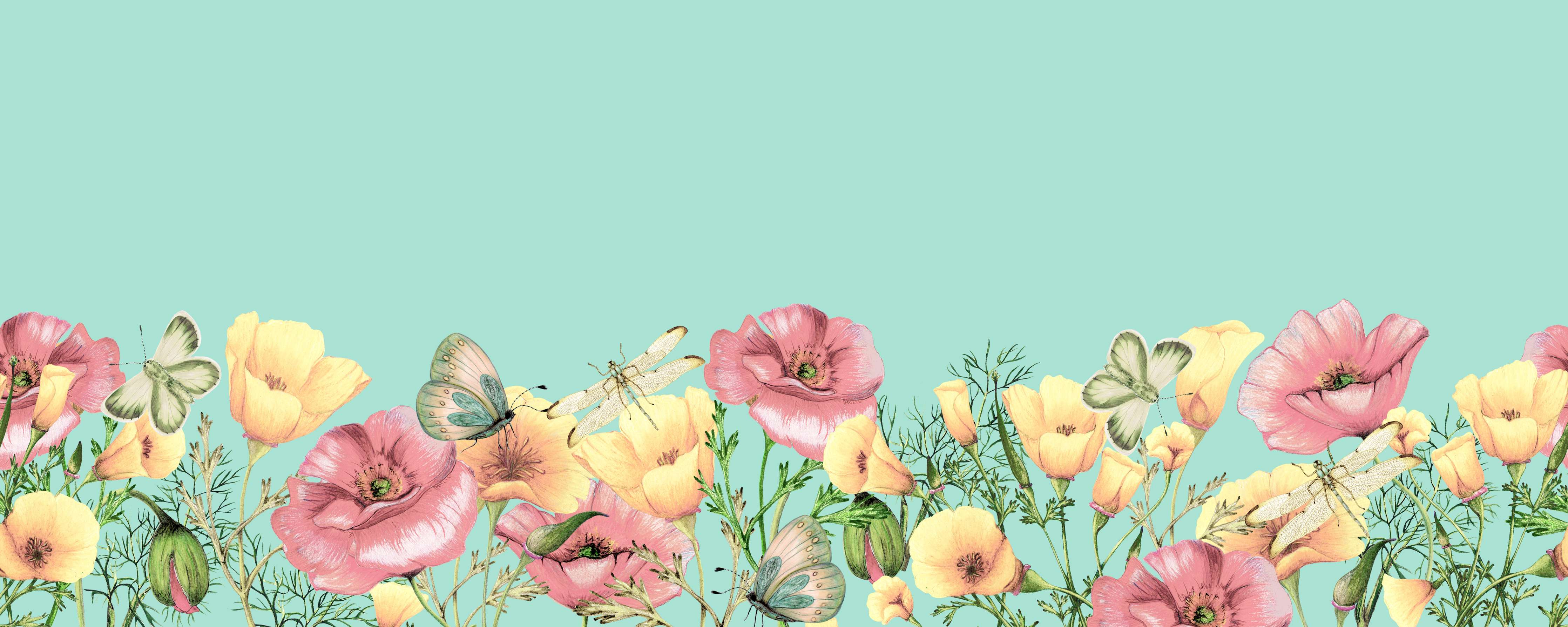 Wandverkleidung außen-Sanfte Blumen und Schmetterlinge auf pastellblauem Hintergrund