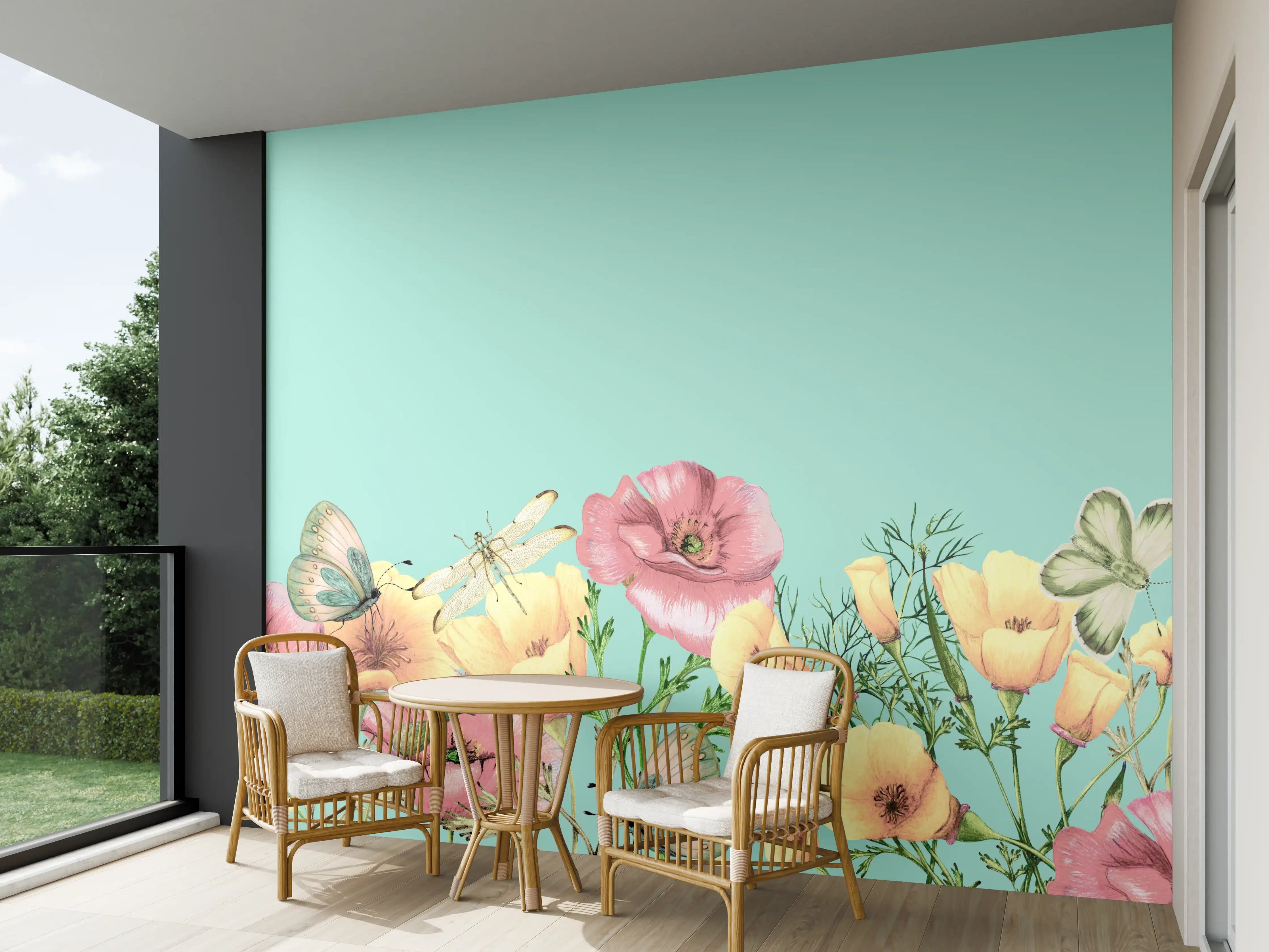 Wandverkleidung außen - Sanfte Blumen und Schmetterlinge auf pastellblauem Hintergrund