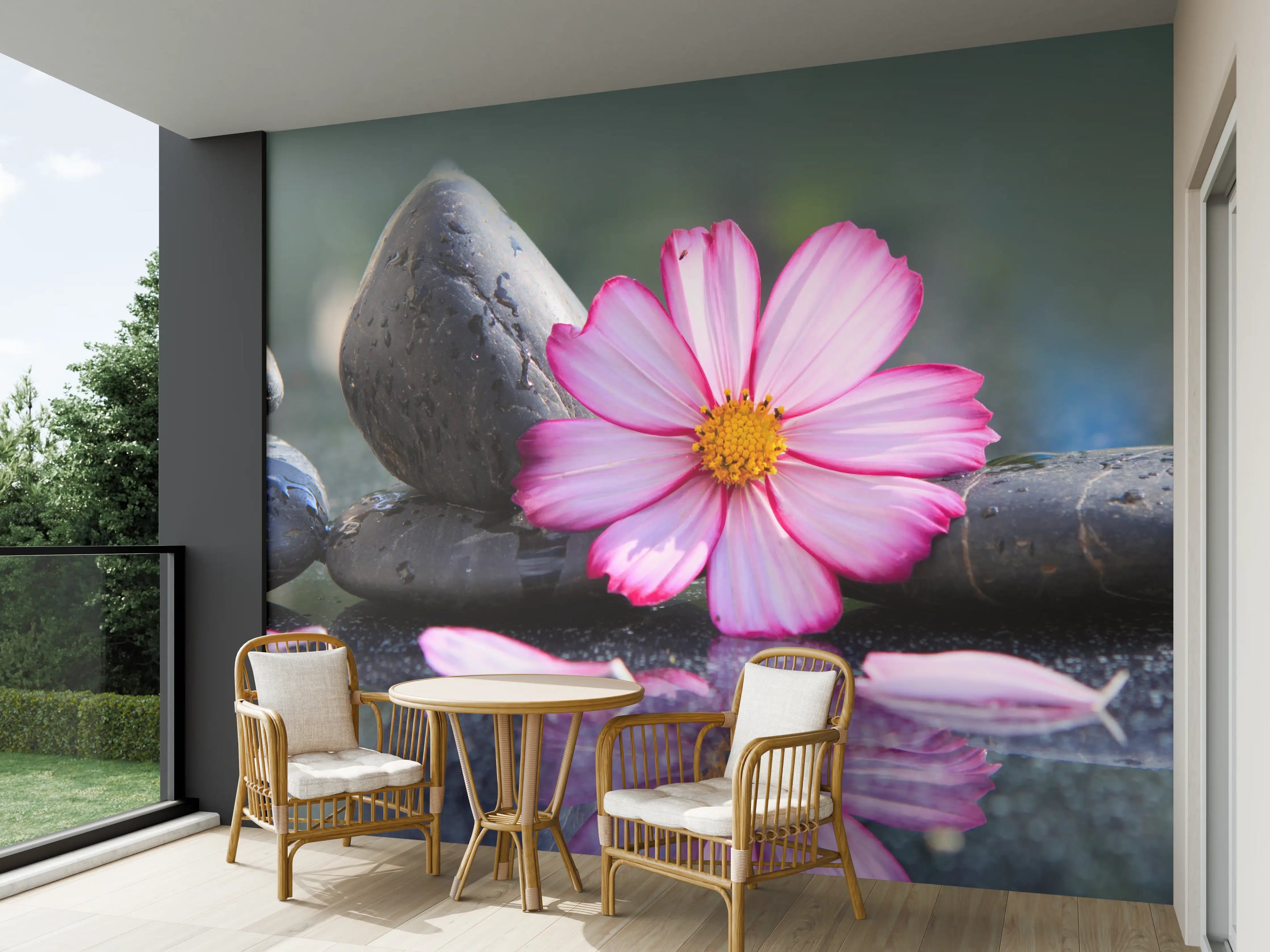 Wandverkleidung außen - Sanfte Wasserstein- und Blumenkomposition in Pastellfarben