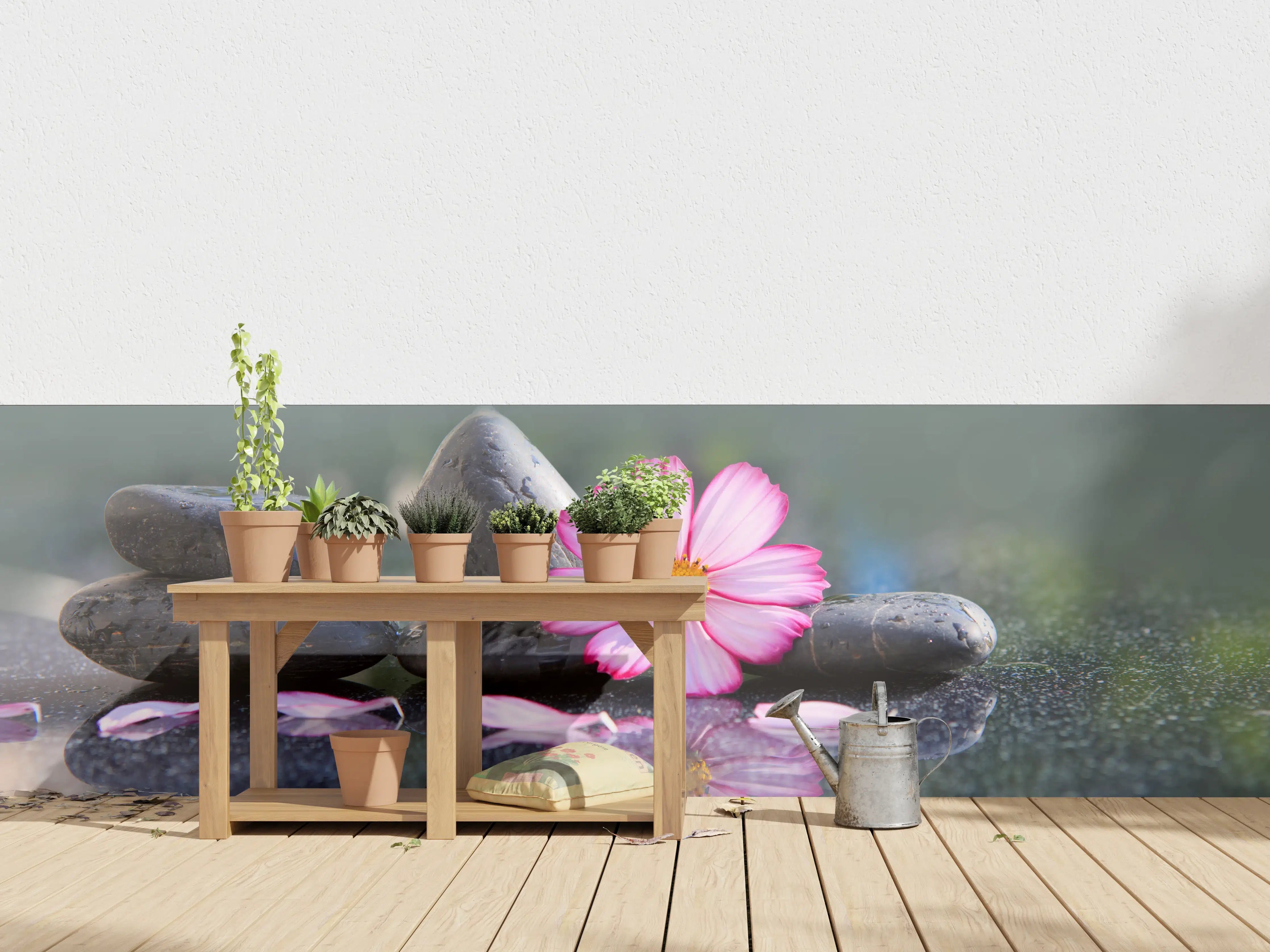 Wandverkleidung außen - Sanfte Wasserstein- und Blumenkomposition in Pastellfarben