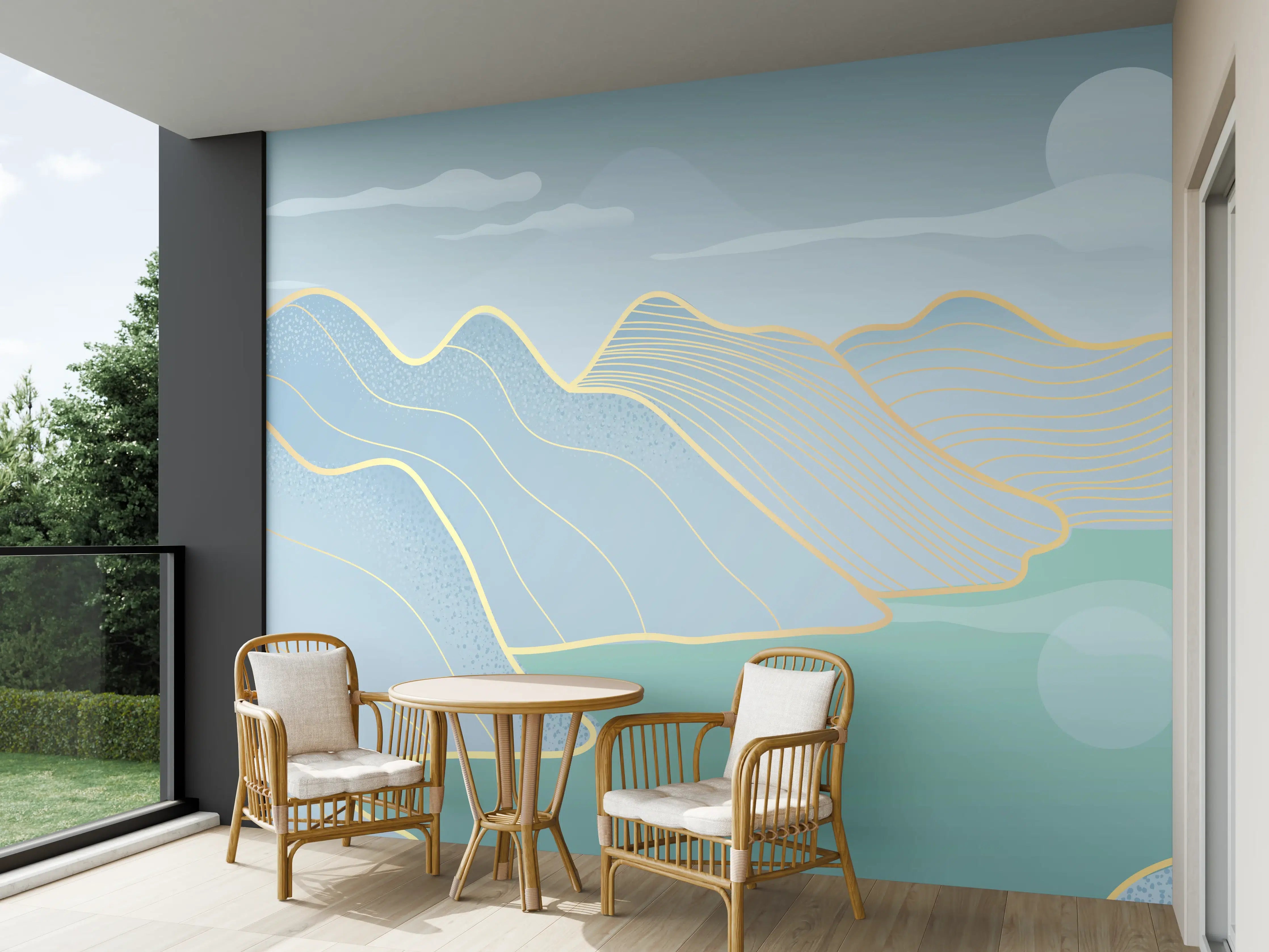 Wandverkleidung außen - Sanftes Blau Linien Panorama